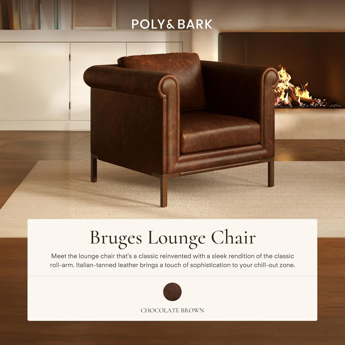 Poly & Bark Bruges Leather Lounge Chair – Chocolate Brown Full-Grain Leather Upholstery – Modern Upholstered Accent Chair for Living Room or Bedroom – Indoor Lounge Seating with Soul