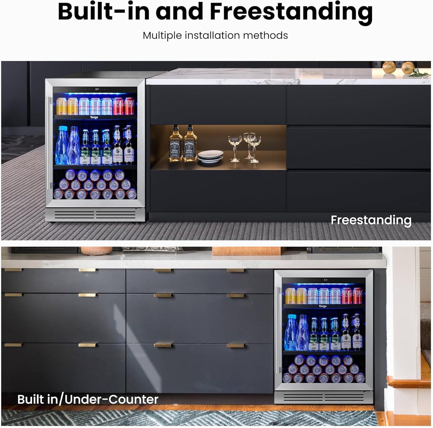 Yeego 48 inch Beverage Fridge Combo - 24 inch 180 Cans Mini Fridge with Glass Door 2PCS, Built-in, Under Counter & Freestanding, Ideal for Bars, Offices, Restaurants