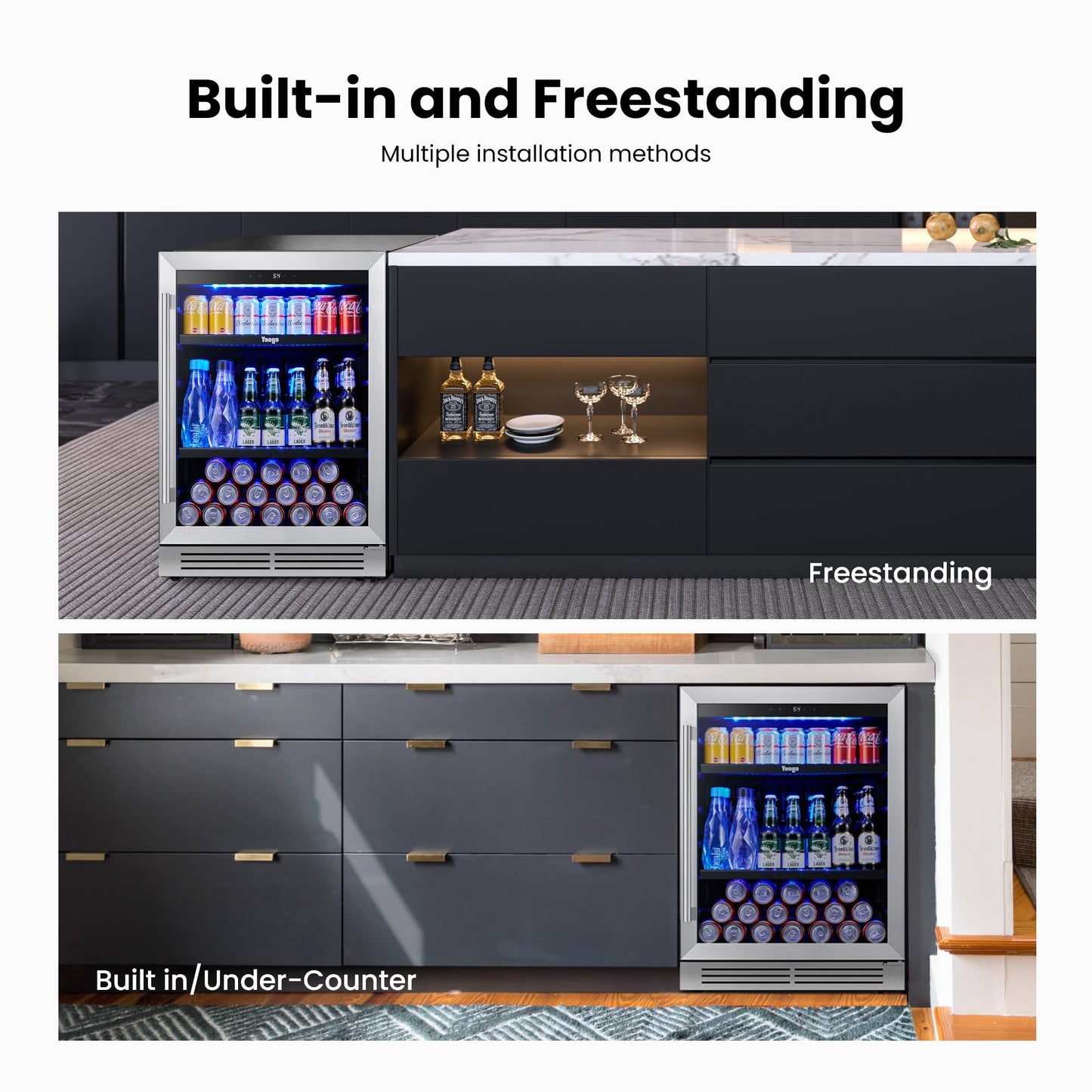 Yeego 24 Inch Beverage Refrigerator – 180 Can Built-In Under Counter Drink Fridge with Glass Door, 34–54°F Cooling for Beer, Soda & Wine (Right-Hinged)