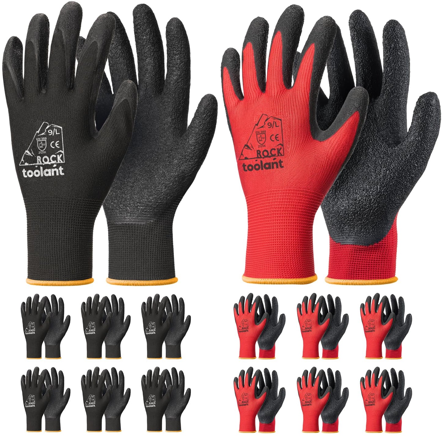 toolant Crinkle Latex Work Gloves Bulk, Rubber Coated Safety Work Gloves for Men and Women, 12 Pairs for Construction, Gardening, Warehouse (Black, Large)