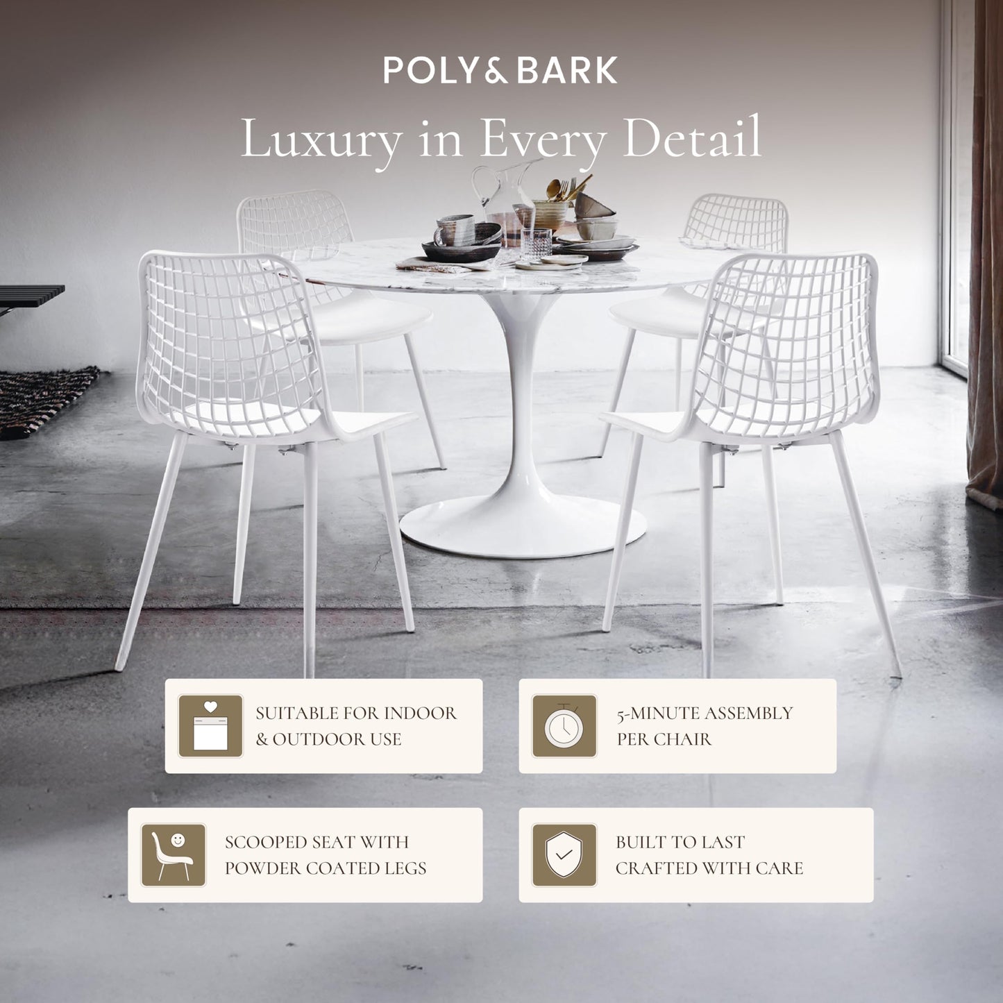 POLY & BARK Isla Modern Dining Chairs Set of 4 – Mid Century Modern Plastic Dining Chair with Metal Legs – Kitchen & Dining Room Chairs – Indoor/Outdoor – White