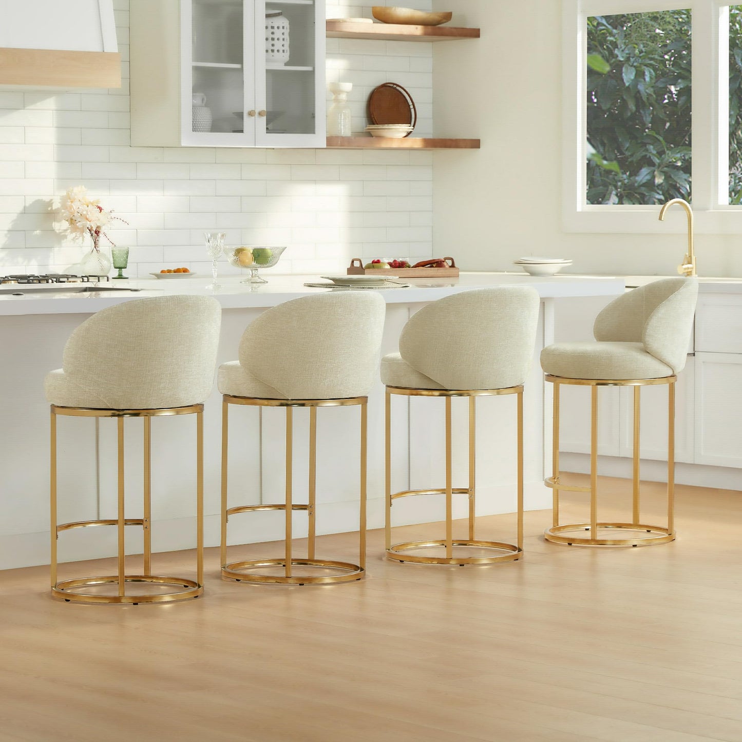 CHITA Swivel Counter Height Bar Stools Set of 3, Upholstered Bar Chairs with Backrest, Sturdy Metal Base, 26.8" Seat Height for Kitchen Island & Home Bar, Sand