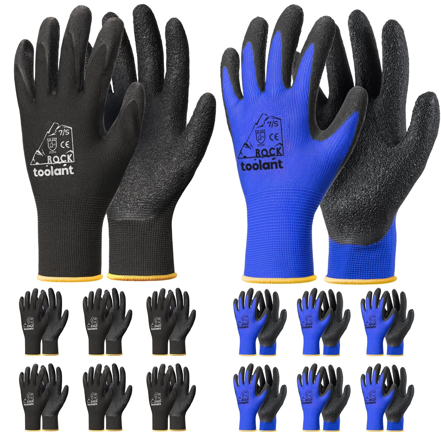 toolant Crinkle Latex Work Gloves Bulk, Rubber Coated Safety Work Gloves for Men and Women, 12 Pairs for Construction, Gardening, Warehouse (Black, Large)