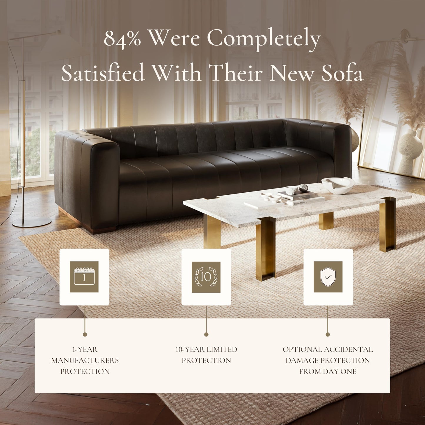 POLY & BARK Capa 96.5" Sofa – Chocolate Brown Full-Grain Pure-Aniline Italian Leather, Boxy Modern Design, Feather-Fiber Cushions, Solid Wood Frame