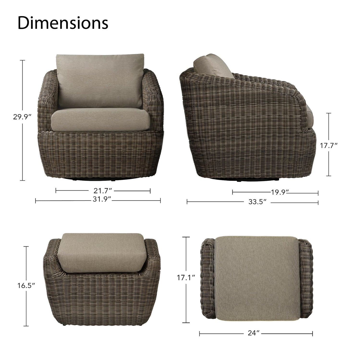 CHITA 5 Pieces Patio Wicker Furniture Set, Outdoor Rattan Bistro Set with Removable Thickened Cushions, Fully Assembled(Beige Cushions with Light Brown Wicker)