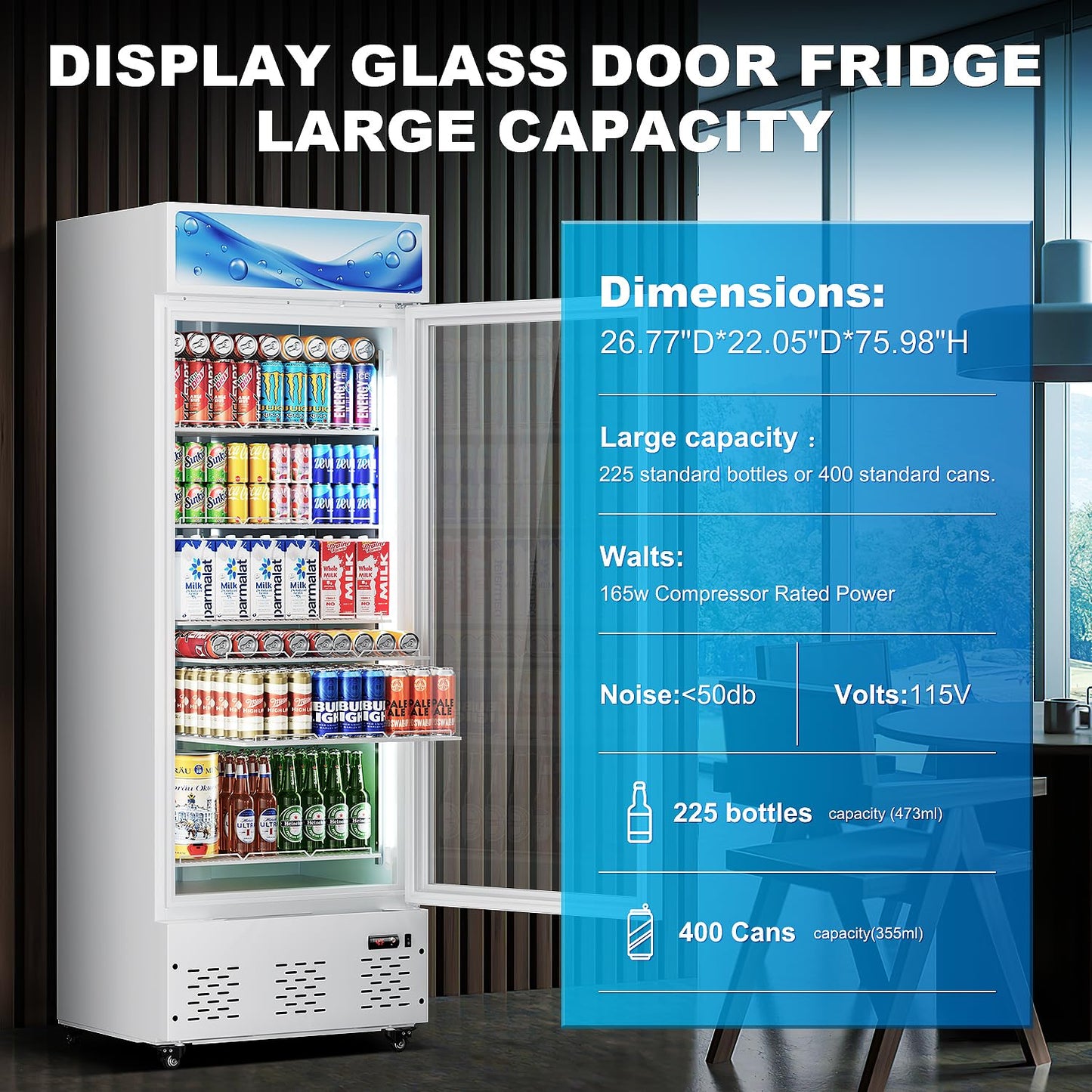 26.8'' W Commercial Beverage Refrigerator, 15 Cu.ft Upright Display Merchandiser Cooler Fridge with LED Light, Adjustable Shelves & Lockable Door for Restaurant Grocery Stores Home, White