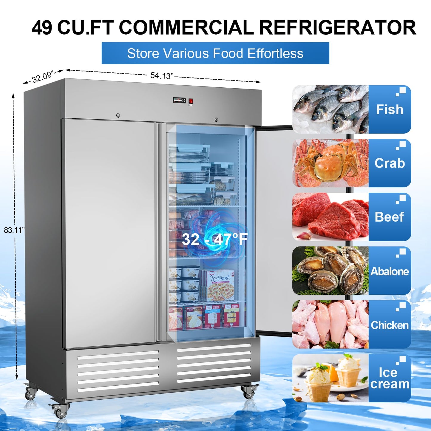 48" W 4 Door Commercial Refrigerator, 36 Cu.ft Stainless Steel Industrial Fridge (32℉~47℉) with 8 Adjustable Shelves, Lockable Door, Wheels, Auto-Defrost for Restaurant, Kitchen, Shop