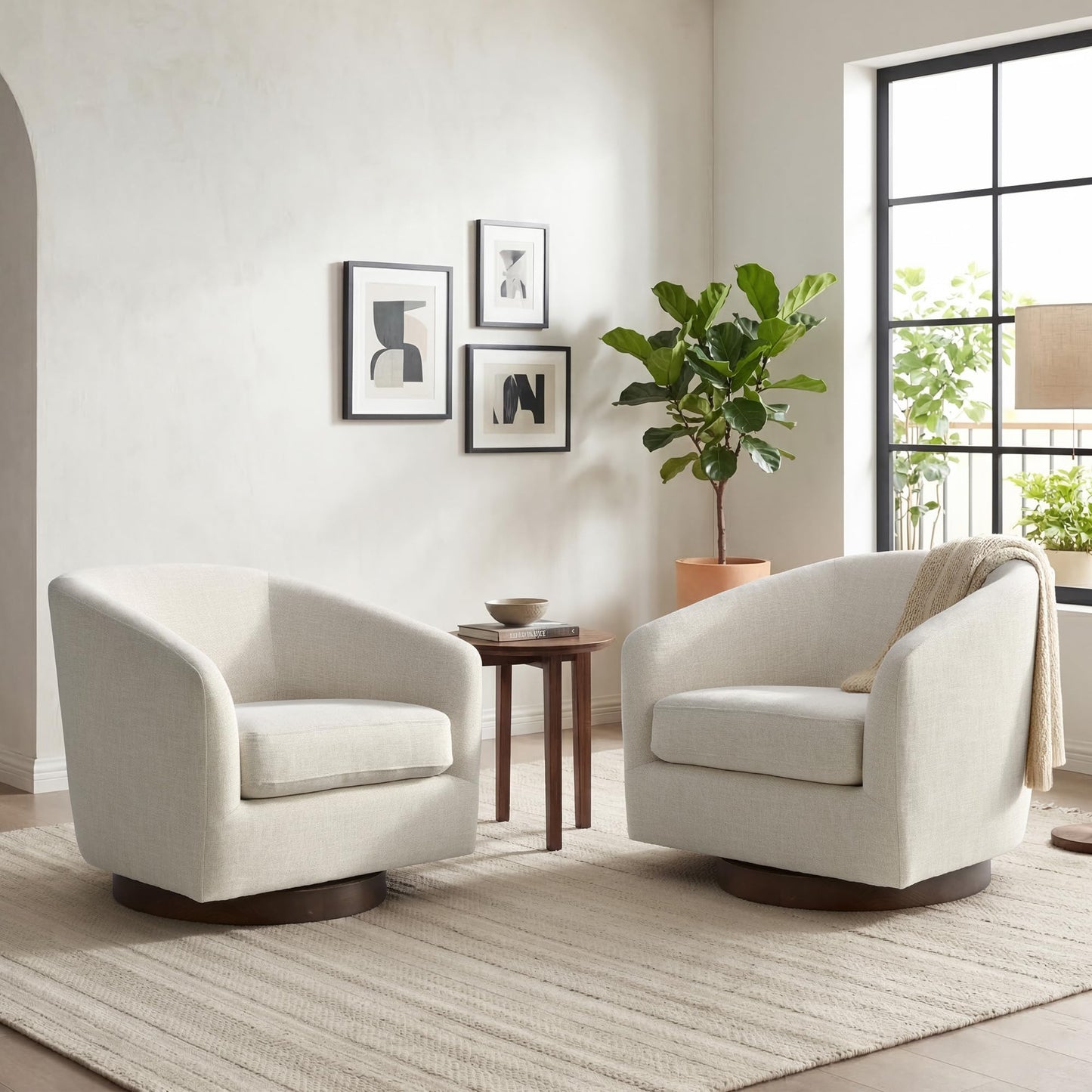 CHITA Swivel Accent Chair Set of 2, Fully Assembled Fabric Barrel Armchair with FSC Certified Upholstered for Living Room, Bedroom and Office, Flax Beige