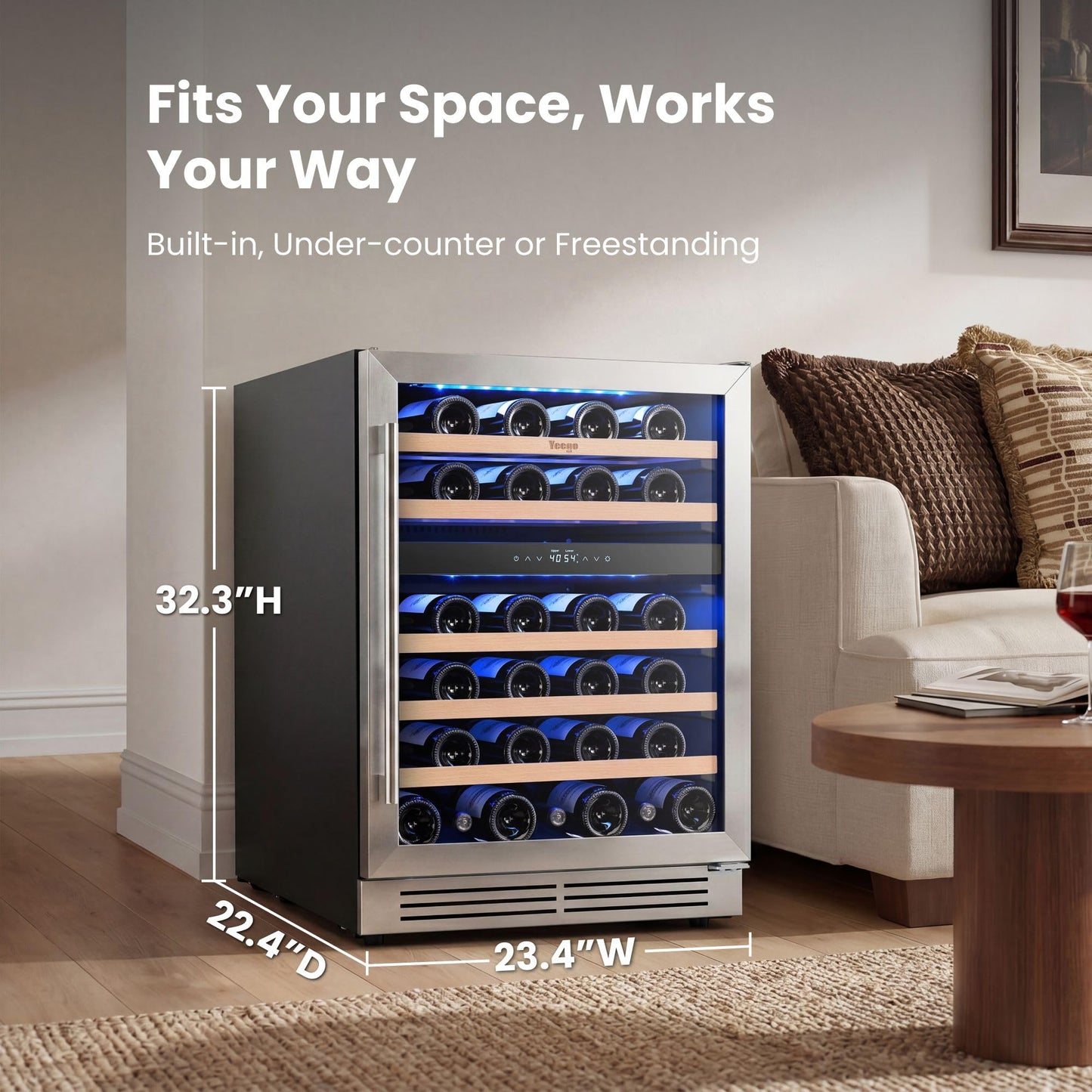 Yeego 24 Inch Wine Fridge Cooler - 52 Bottles Wine Cooler with Glass Door, 40-65℉ Built-In or Freestanding Refrigerator, Under Counter Wine Fridge for Kitchen Bar Office (Left-Hinged)
