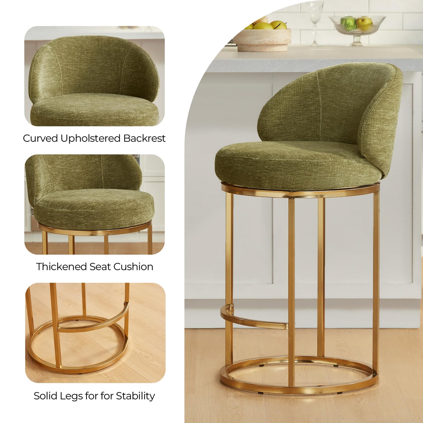 CHITA Swivel Counter Height Bar Stools Set of 3, Upholstered Bar Chairs with Backrest, Sturdy Metal Base, 26.8" Seat Height for Kitchen Island & Home Bar, Sand