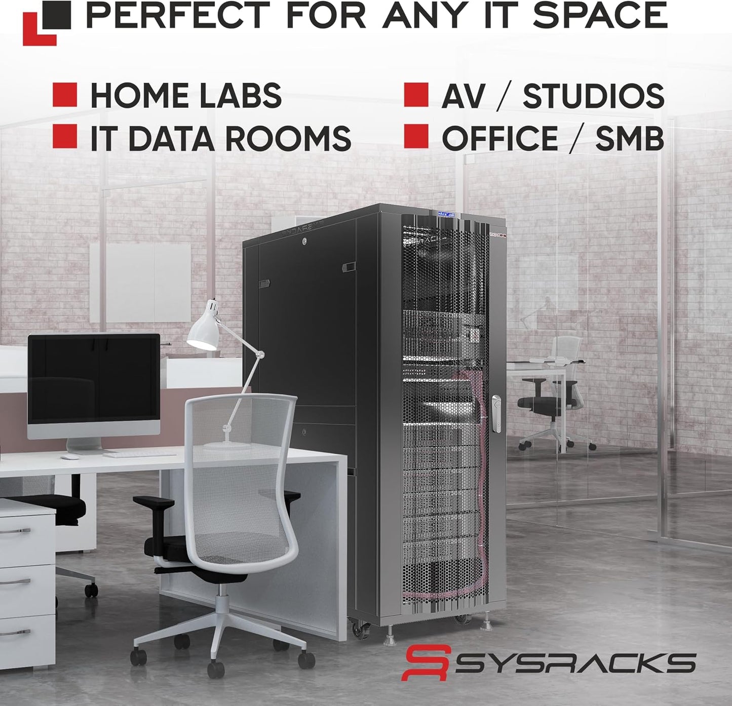 Sysracks 12U Wall Mount Server Rack, 35" Deep, Mesh Door, 19-Inch | Fan, PDU, shelf, cable brush panels, 133 lb wall mount capacity