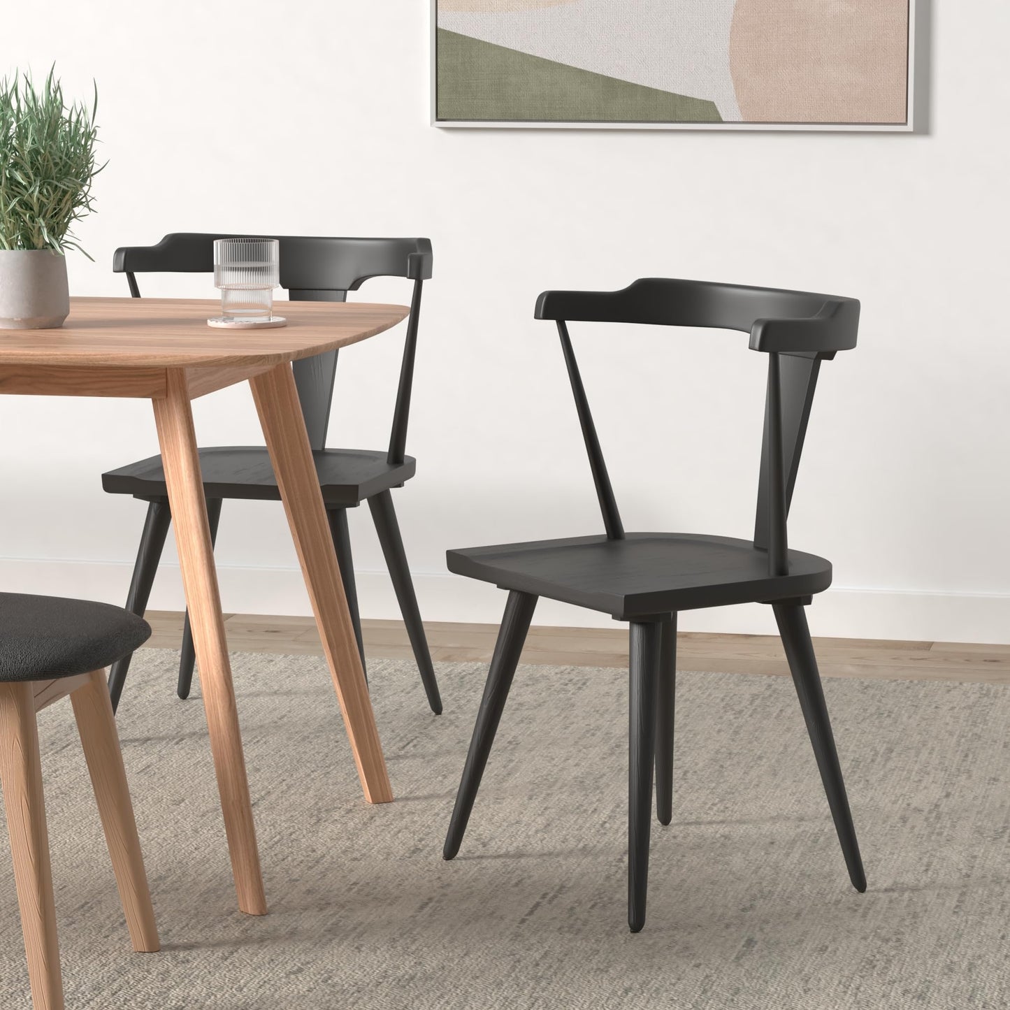 POLY & BARK Mid Century Modern Enzo Black Dining Chair – Solid Oak Wood Splat Back Chair, 18" Seat Height, 32" Tall – Stylish MCM Kitchen & Dining Room Chair