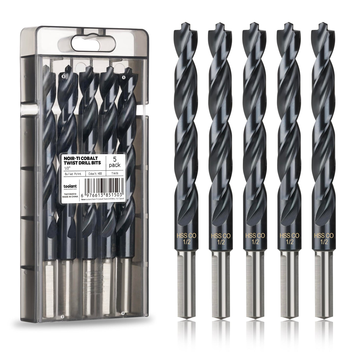 toolant 3/8" Cobalt Drill Bit Set(Pro) Titanium Aluminum Nitride Coated (TiAlN) with Bullet Point Tip, 5-Piece Bulk