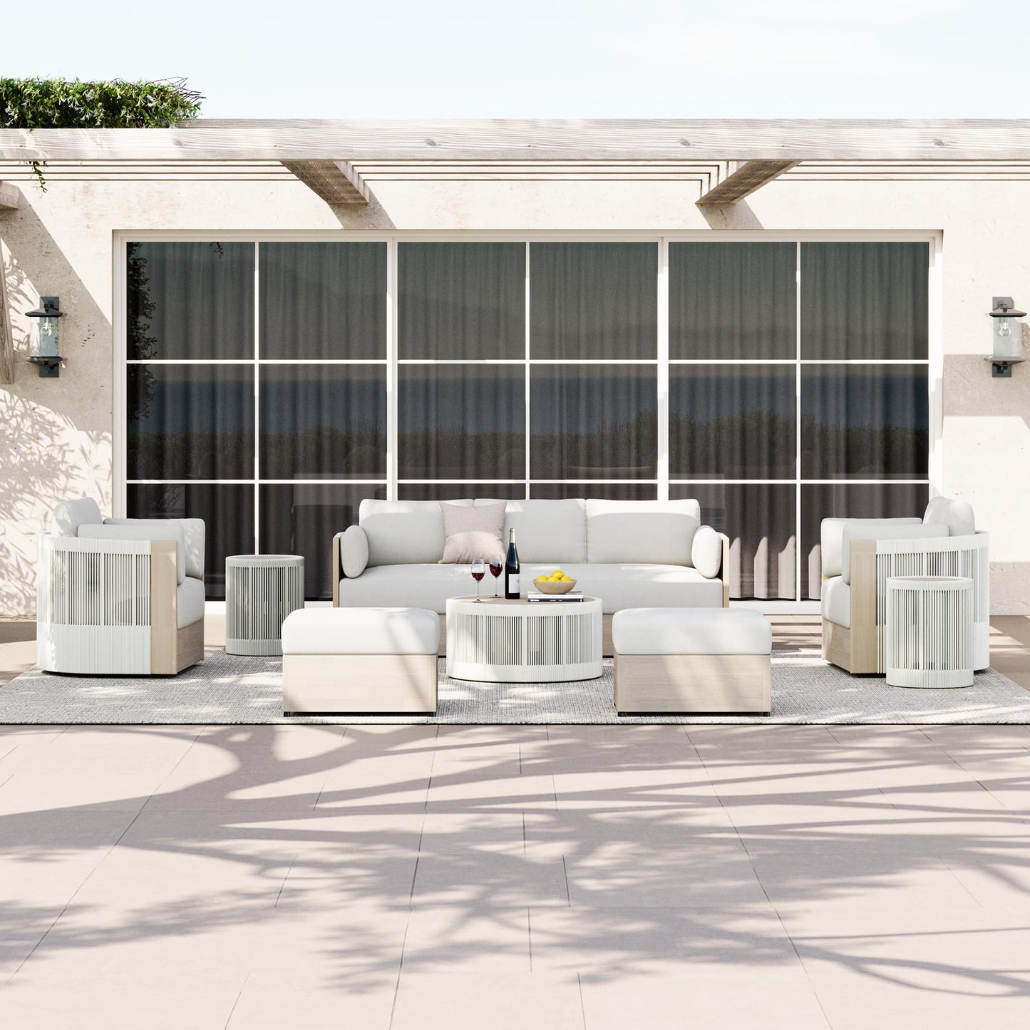 CHITA 3 Pieces Boho Patio Rattan Bistro Set, Outdoor Wicker Furniture Swivel Chairs & Side Table Set with 2 Arm Pillows, Acacia Wood Frame, Fully Assembled(Cream)