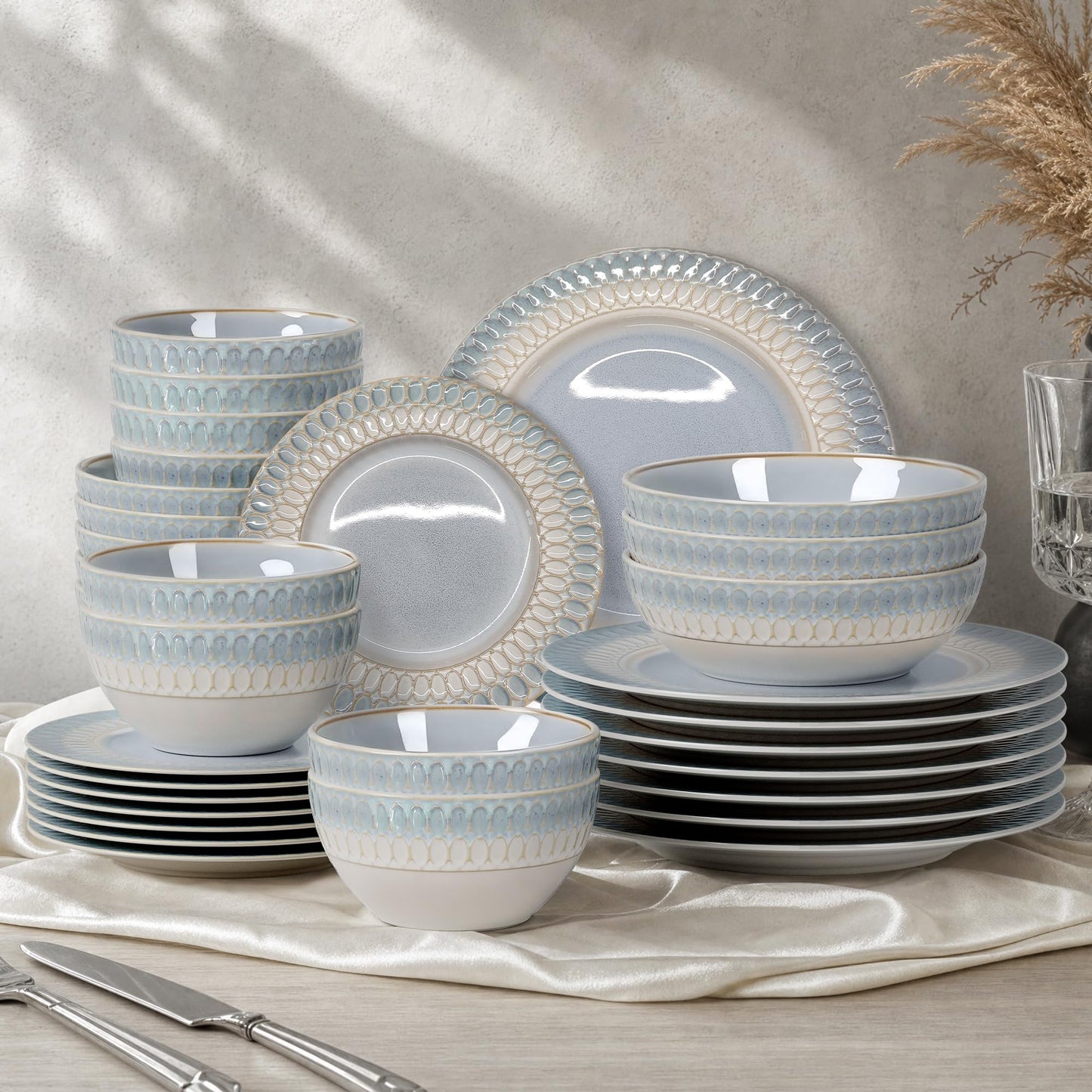 Kitchen Academy Stoneware Dinnerware Sets for 8, Embossed Ceramic Plates and Bowls Set, Beige Dishes