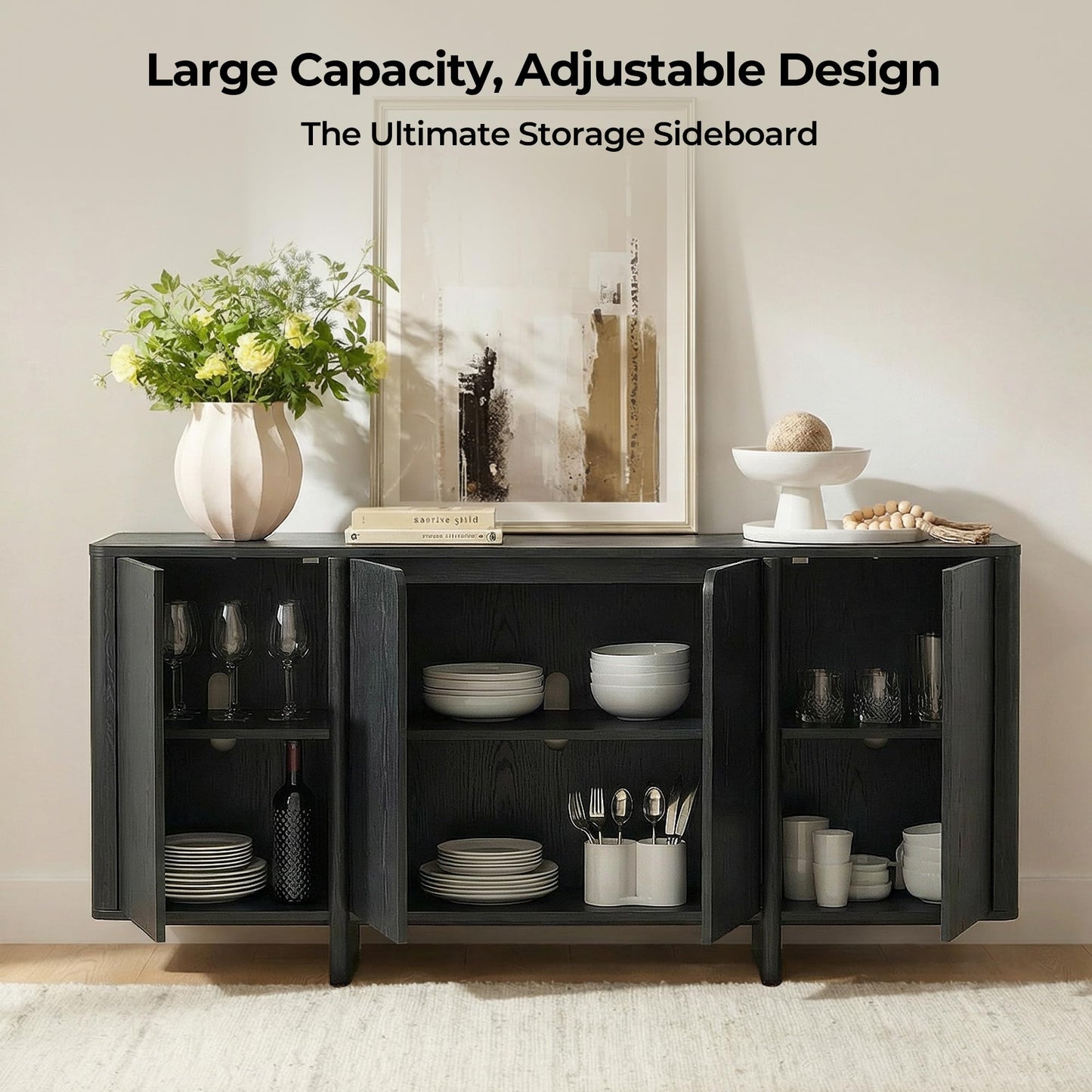 CHITA 66" Sideboard Buffet Cabinet with Storage, Modern Console Cabinet with 4 Doors & Adjustable Shelves, Storage Credenzas for Living Room, Kitchen, Hallway, Bar, Walnut