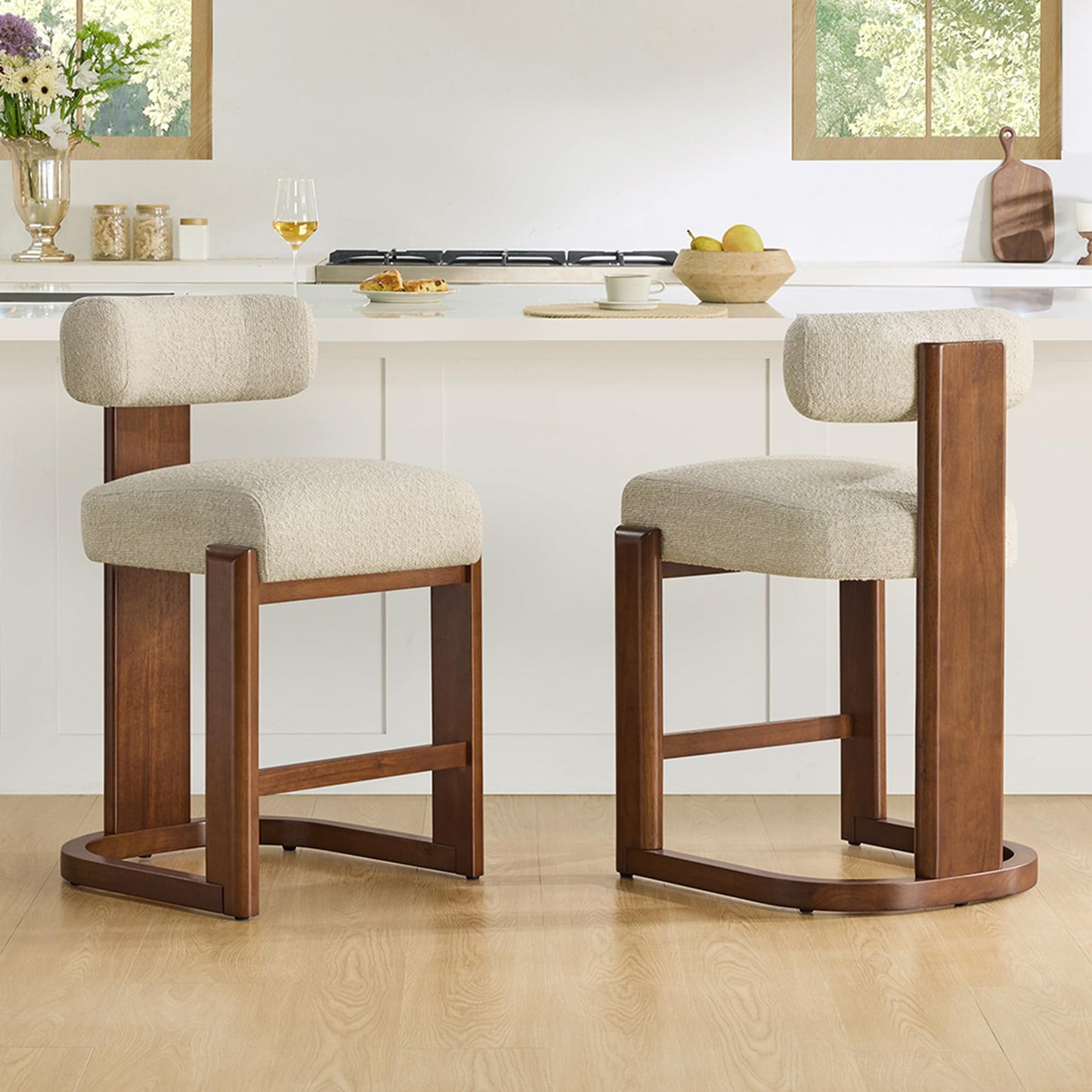 CHITA Modern Bar Stools Set of 2, 27" Counter Height Bar Stools, Upholstered Barstools with Backs and Wood Legs for Kitchen Island Dining Room, Oatmeal Fabric with Walnut Frame
