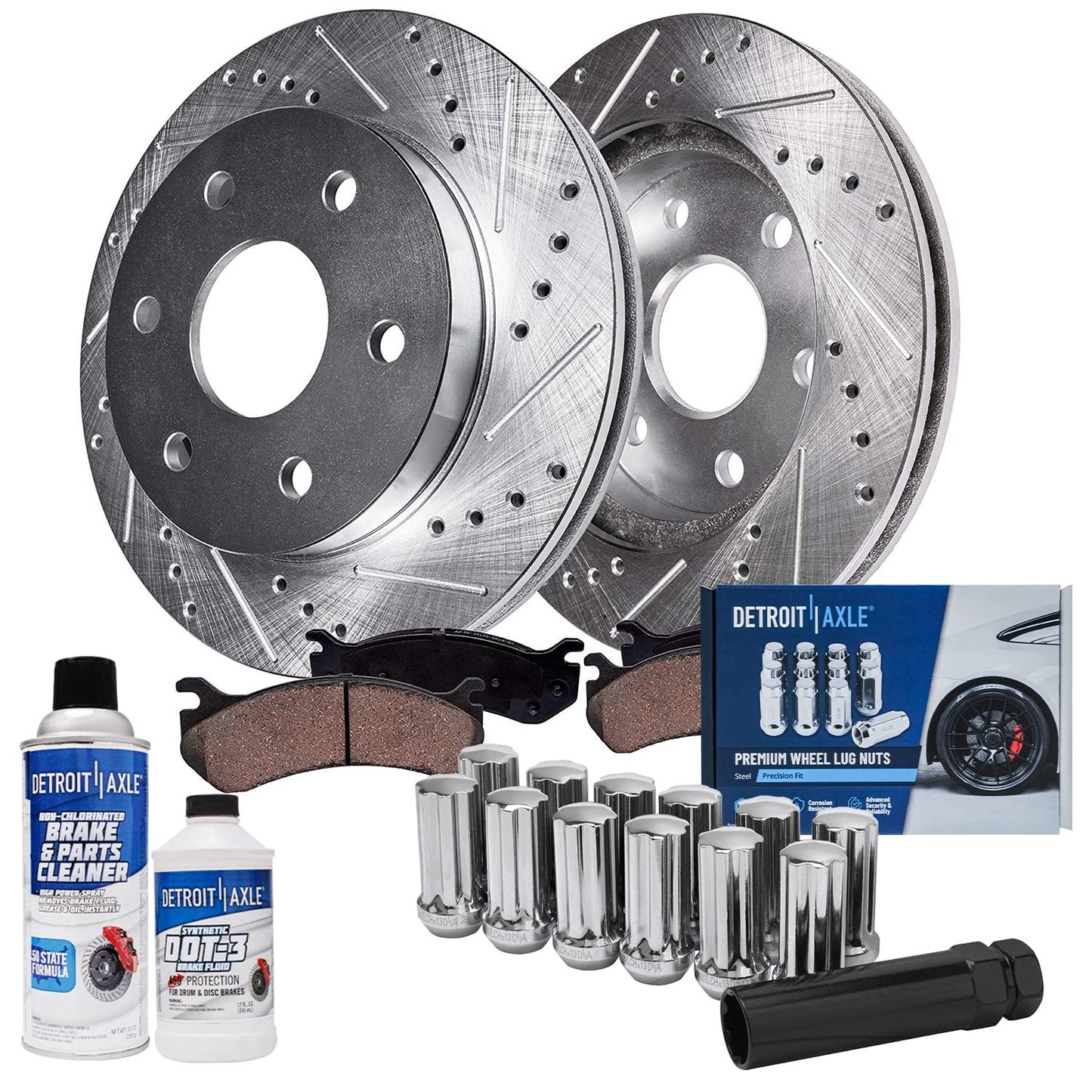 Detroit Axle - Brake Kit for 2012-2020 Ford F-150 Drilled & Slotted Brake Rotors and Ceramic Brakes Pads 2013 2014 2015 2016 2017 2018 2019 Front and Rear Replacement