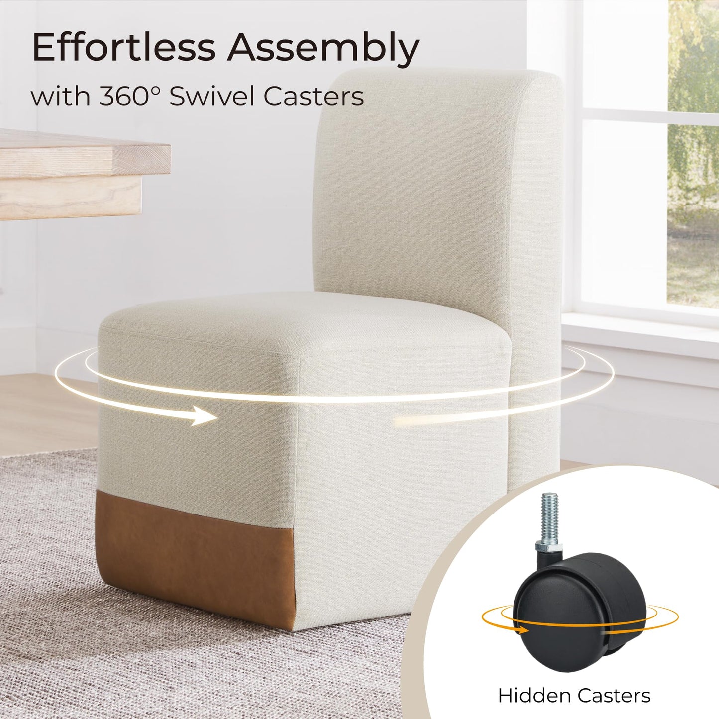 CHITA Dining Chairs with Casters Set of 2, FSC Certified Upholstered Armless Modern Rolling Dining Chairs with Rollers for Bedroom Reading Room Living Room, Fully Assembled, Linen