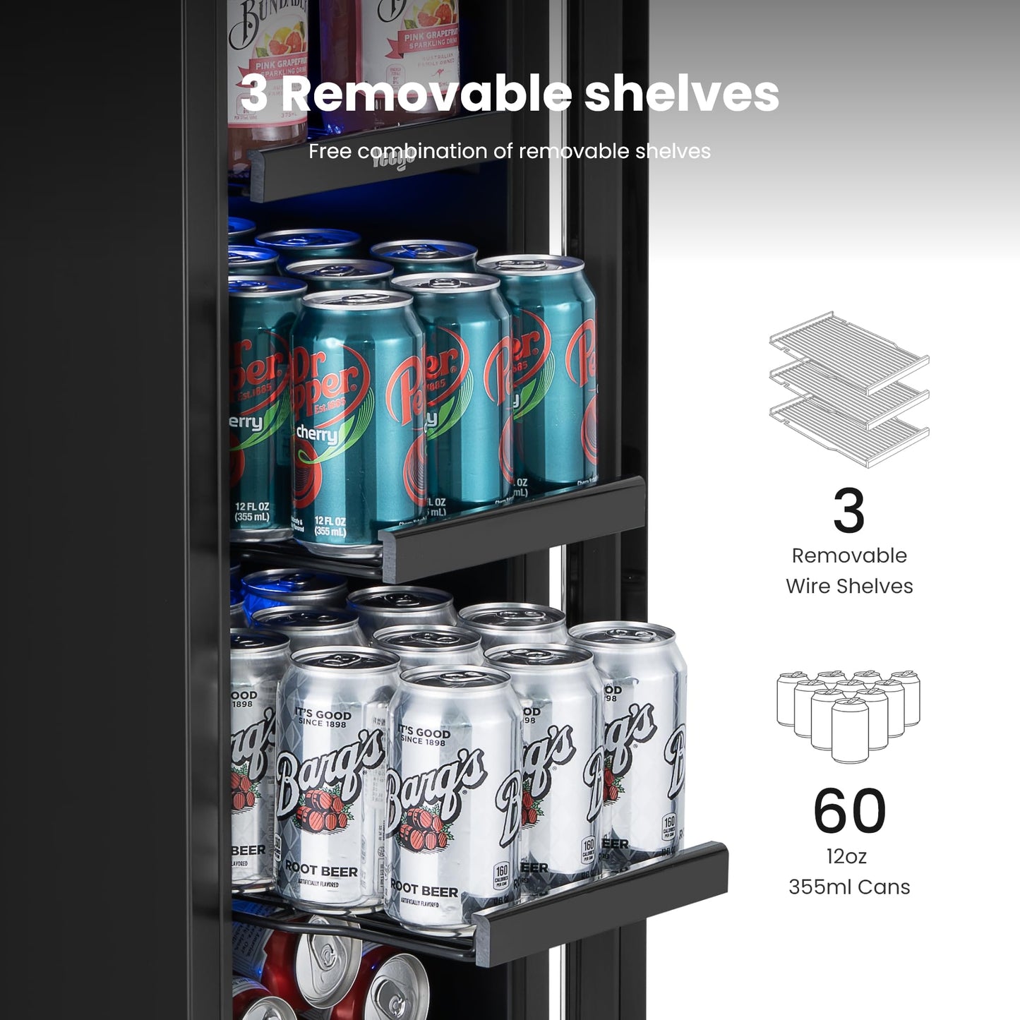 Yeego 24-Inch Beverage Refrigerator, Built-In or Freestanding Beverage Cooler, Up to 180 Cans, Glass Door Mini Fridge for Soda, Beer, Water & Wine (Left-Hinged)