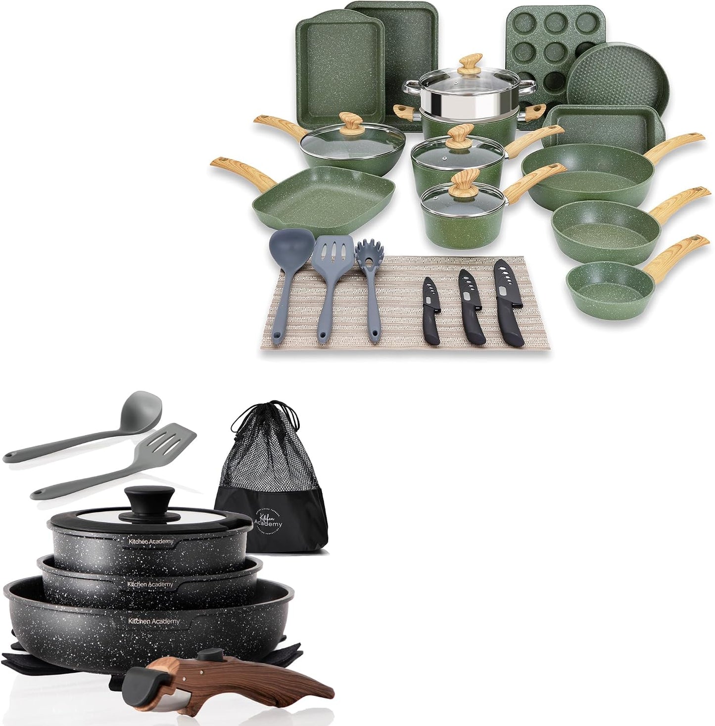 Kitchen Academy 30Pcs Bakeware & Cookware Set + 10Pcs Rv Pots and Pans Set with Removable Handle Cookware Sets