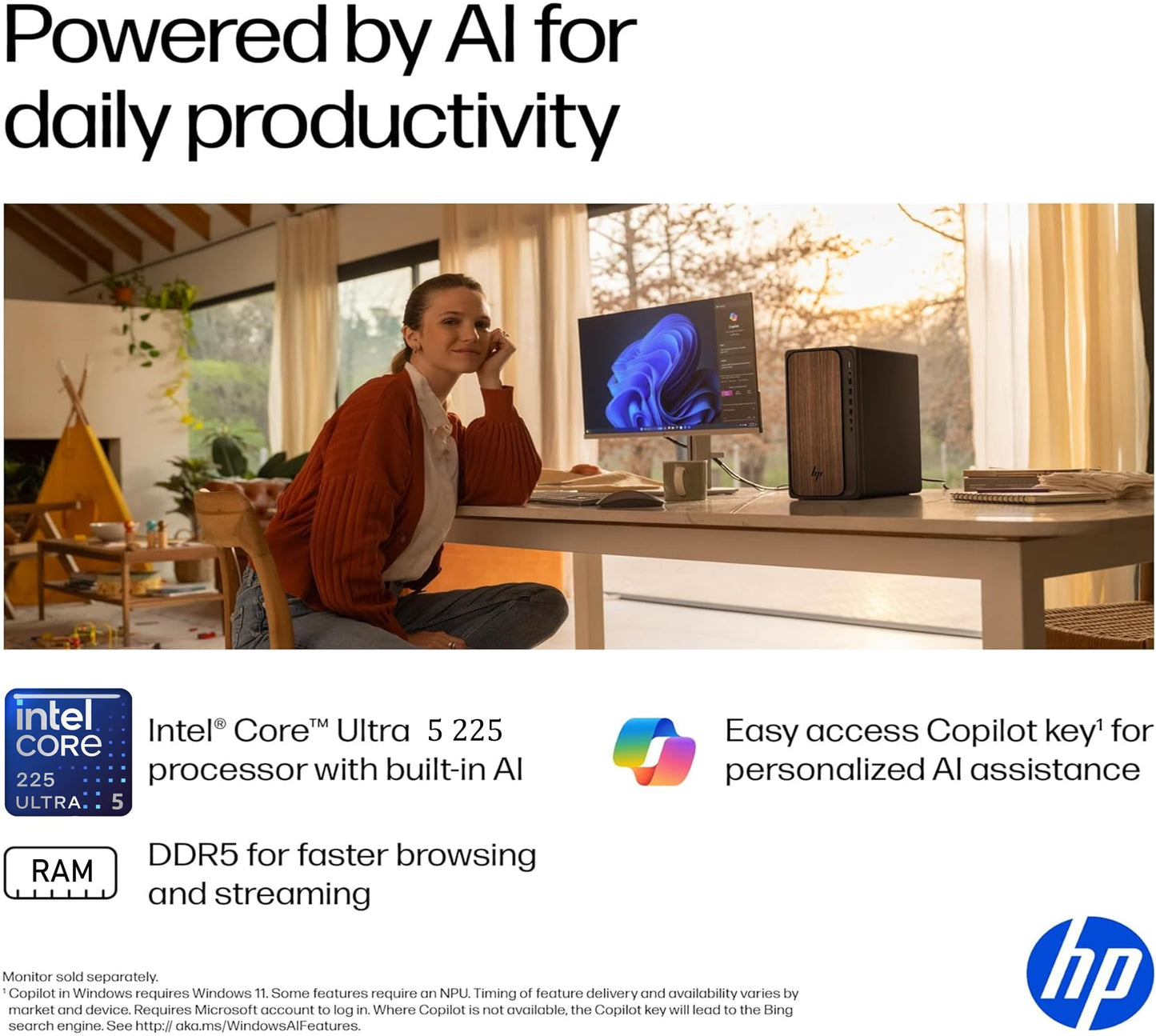 HP 2025 OmniDesk M03 Premium Business Next Gen AI Desktop Computer Intel Core Ultra 5 225(Up to 4.9GHz), 16GB DDR5 RAM, 256GB PCIe SSD,+ 1TB HDD Wi-Fi 6, HDMI, DP, 2-Monitor Support 4K, Windows 11