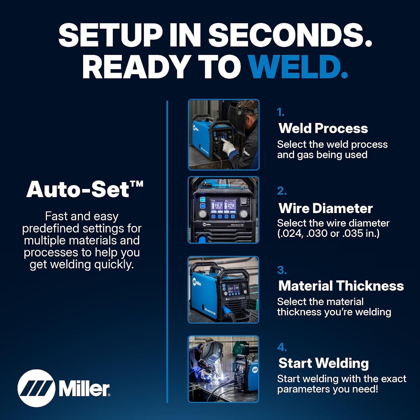 Millermatic® 211 PRO MIG Welder Machine, Dual-Voltage, Auto-Set™ | 120/240V MIG welder; Welds steel, aluminum to 3/8 in; thick; Features Auto-Set™, Dyna-Pulse™, upgradable software