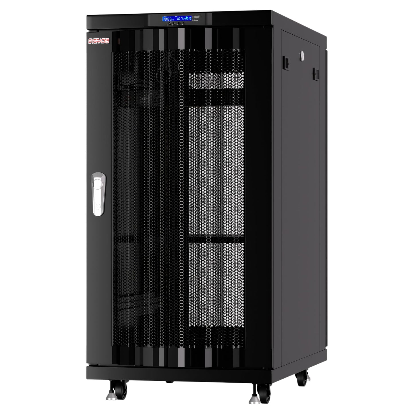 Sysracks 27U Server Rack Cabinet, 39" Deep, Glass Door, 19-Inch | Cooling fans, PDU, shelf, casters, leveling feet, cable entry brushes