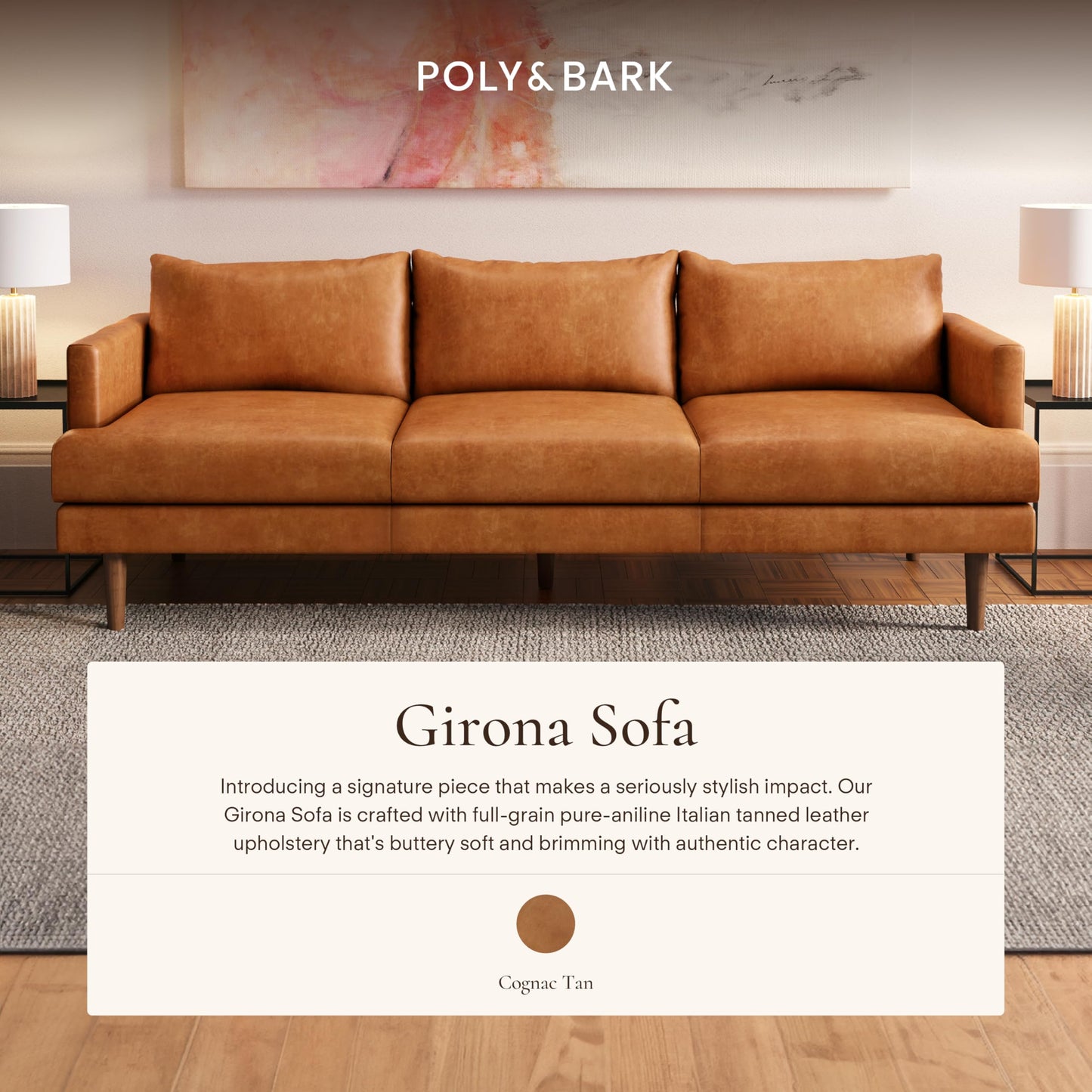 POLY & BARK Sorrento 86" Sofa – Cognac Tan Full-Grain Pure-Aniline Italian Leather, Feather-Down Cushions, Solid Wood Frame & Walnut Legs