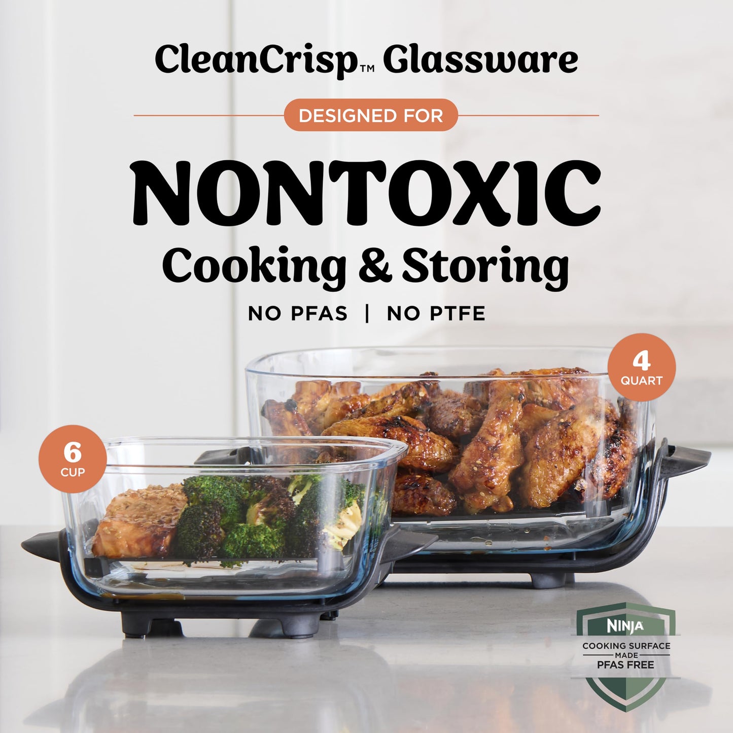 Ninja Crispi 4-in-1 Glass Air Fryer | With Non-Toxic 4QT & 6-Cup Glass Containers & Lids | Microwave, Freezer, Dishwasher Safe | 450°F Max Temp |1500 Watt | Stone | FN101ST