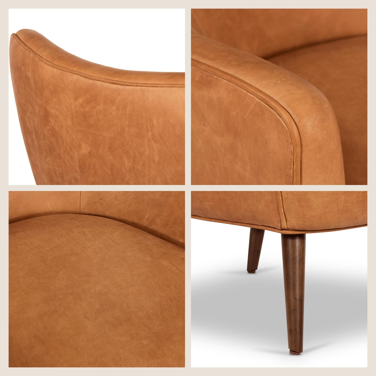 Poly & BARK Rowan Lounge Chairs Set of 2 – Mid Century Modern Leather Armchairs with Ribbed Seat and Solid Ash Wood Frame, Cognac Tan