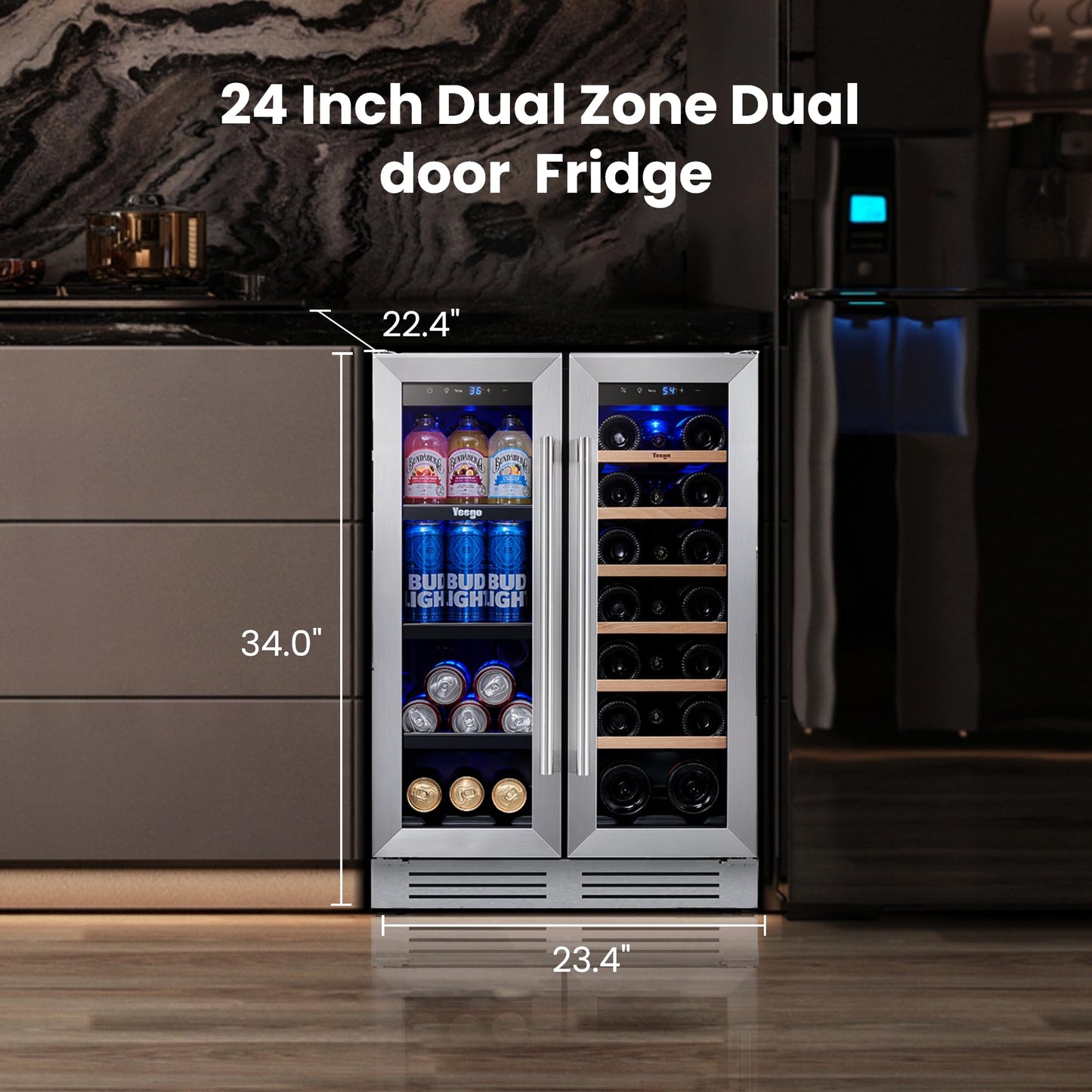 Yeego 24-Inch Beverage Refrigerator, Built-In or Freestanding Beverage Cooler, Up to 180 Cans, Glass Door Mini Fridge for Soda, Beer, Water & Wine (Left-Hinged)