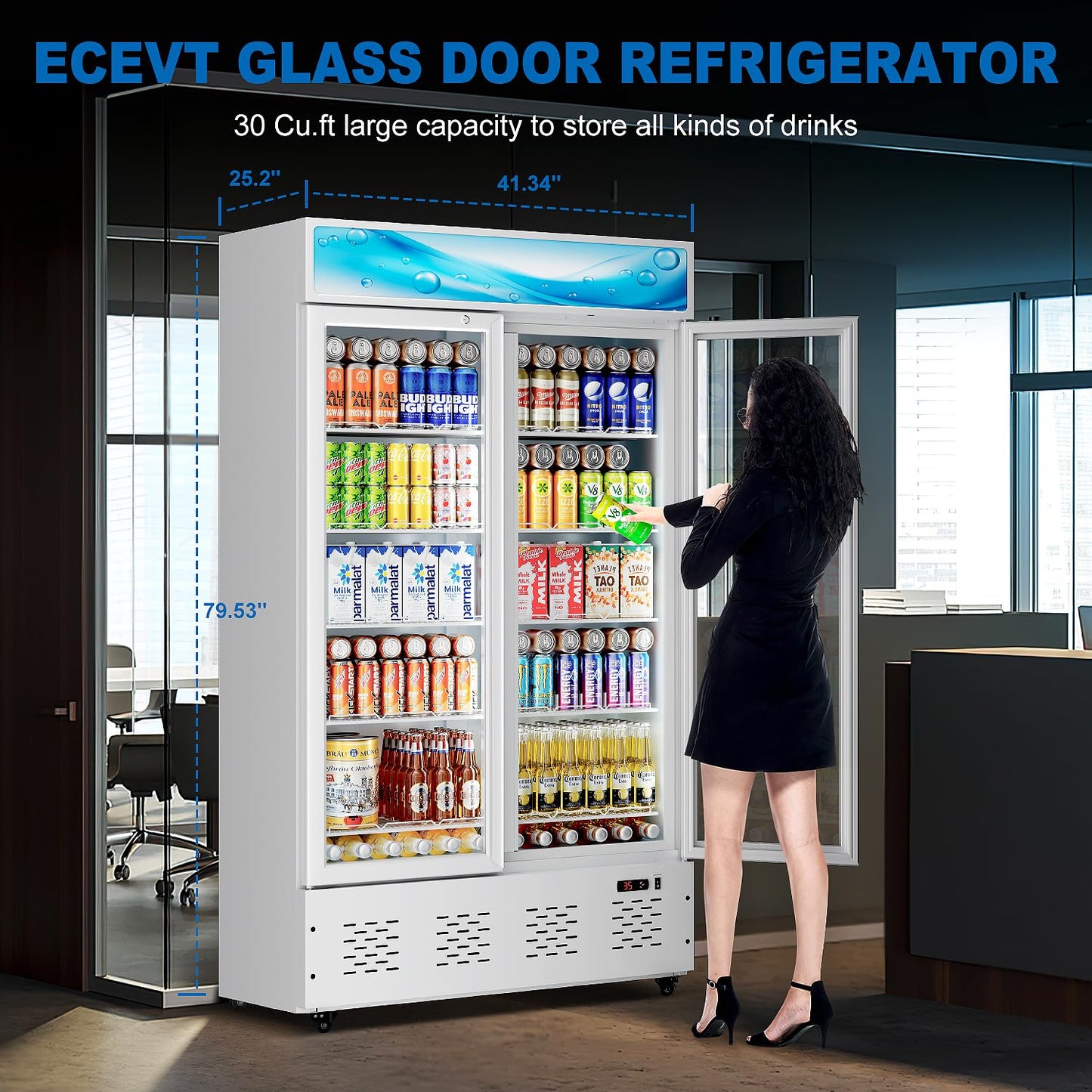 26.8'' W Commercial Beverage Refrigerator, 15 Cu.ft Upright Display Merchandiser Cooler Fridge with LED Light, Adjustable Shelves & Lockable Door for Restaurant Grocery Stores Home, White