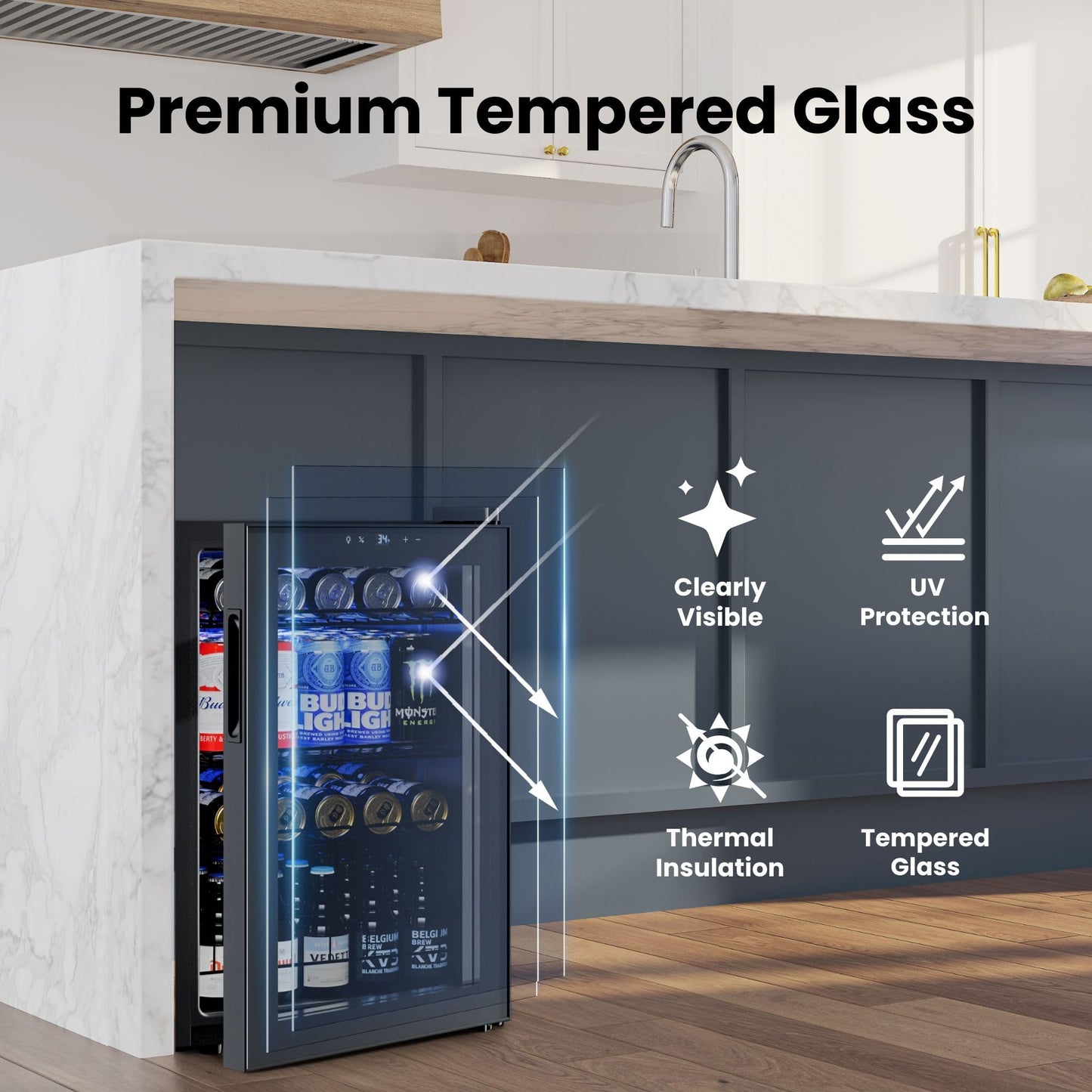 Yeego Beverage Refrigerator, 130 Can Mini Fridge with Glass Door, Adjustable Shelves, Digital Temperature Control 34°F-54°F, Drink Cooler for Soda, Beer and Wine, Freestanding or Under Counter, Black