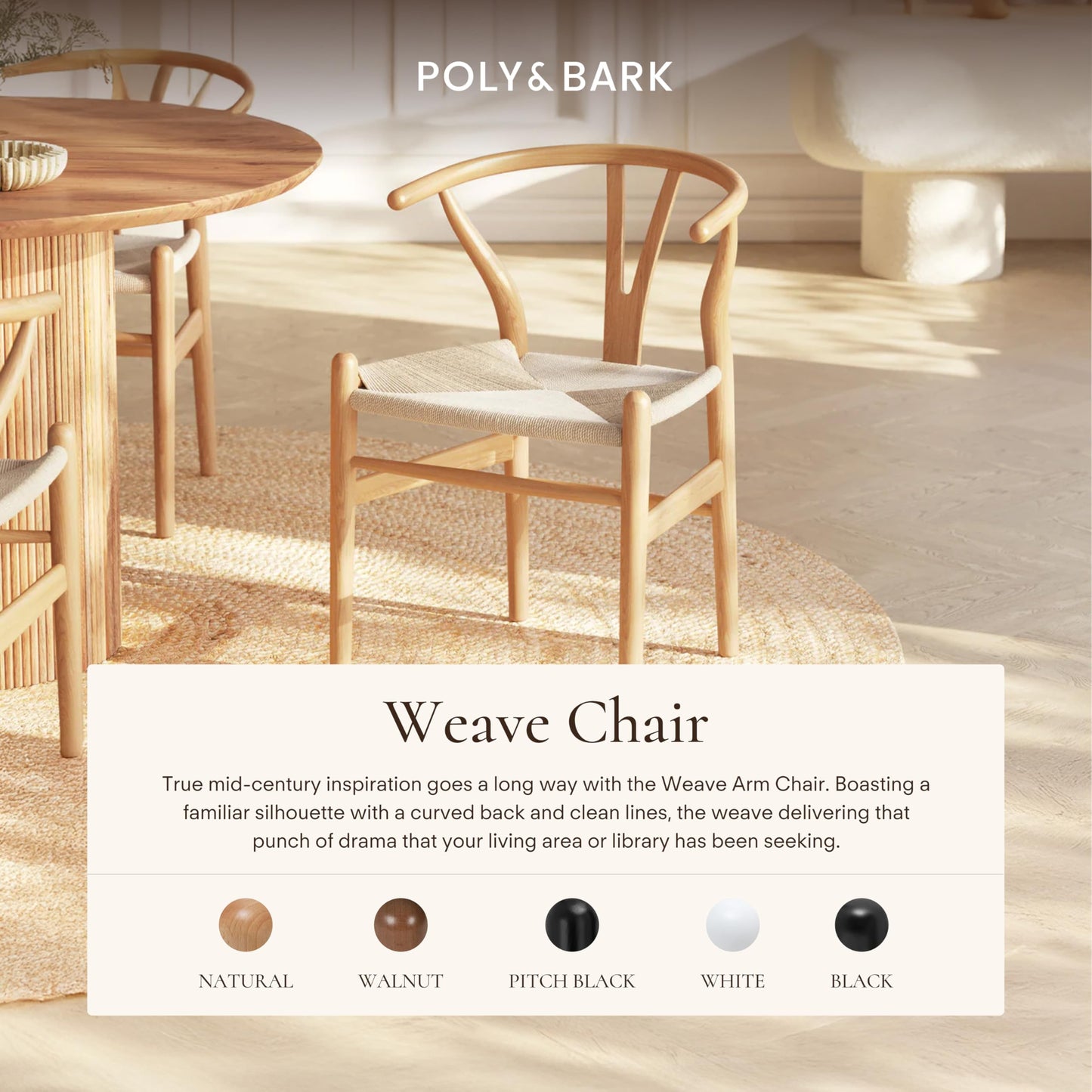 POLY & BARK Weave Dining Chair – Mid-Century Modern Wishbone Dining Chair with Arms, Solid Wood Frame, Indoor Use – Black – Single - Ideal for Dining Room, Kitchen or Stylish Accent Setting