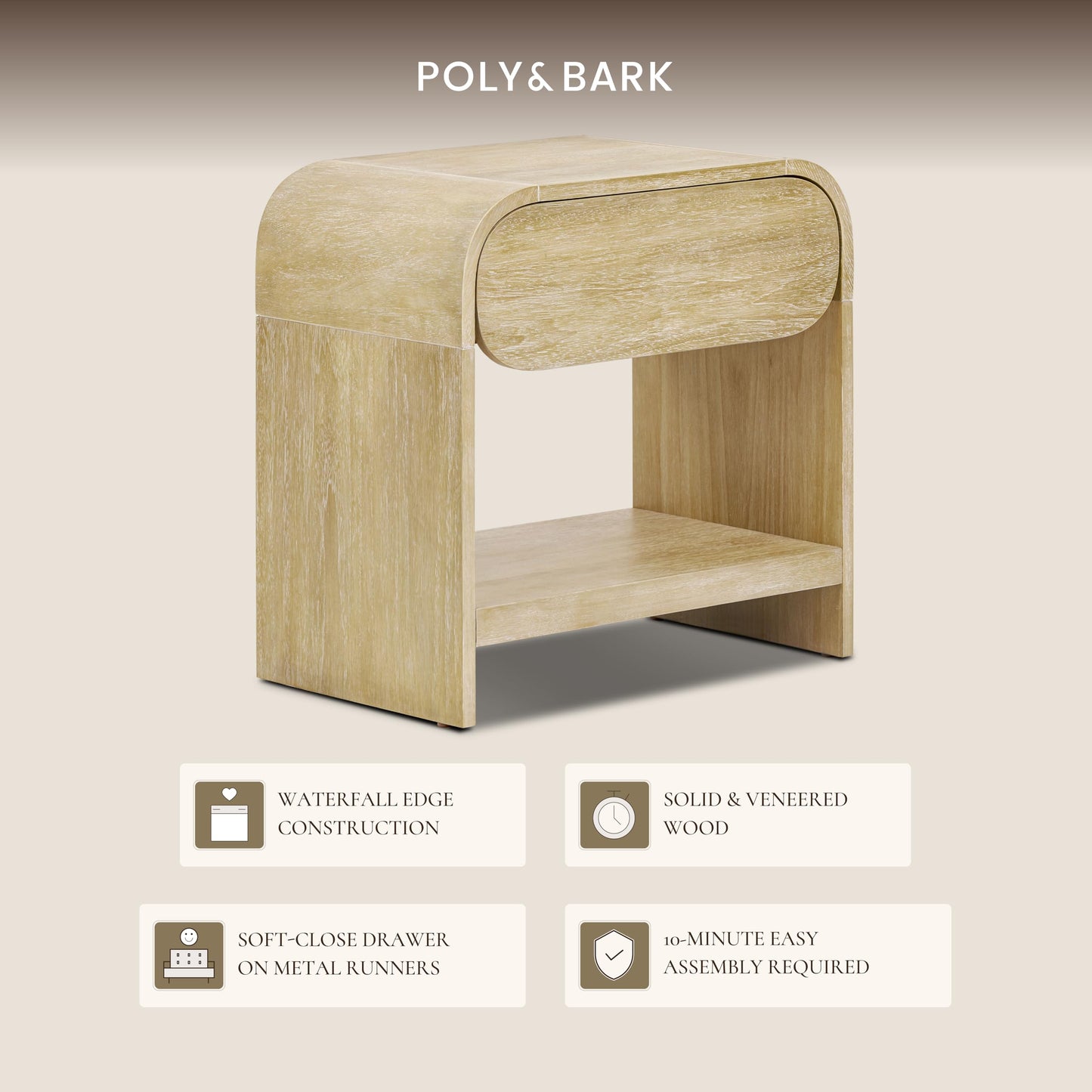 Poly & BARK Dorsey Nightstand - Mid-Century Modern Nightstand – Solid Wood Bedside Table with 2 Drawers, Acorn Walnut Finish, 23.5" Tall