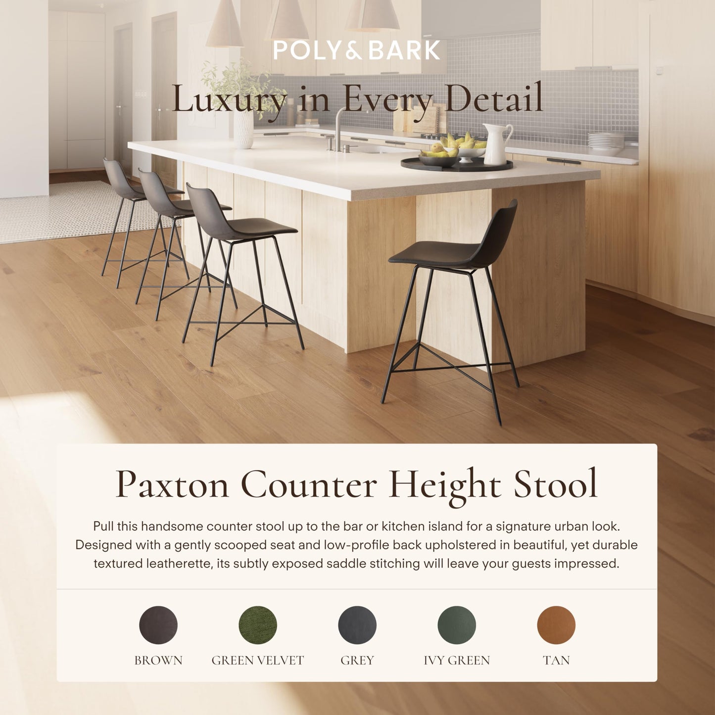 POLY & BARK Paxton Leather Counter Stools 24 Inches – Set of 2 - Counter Height Bar Stools with Back – Modern Barstools for Kitchen Island or Counters – Faux Leather & Matte Black Steel Base – Tan