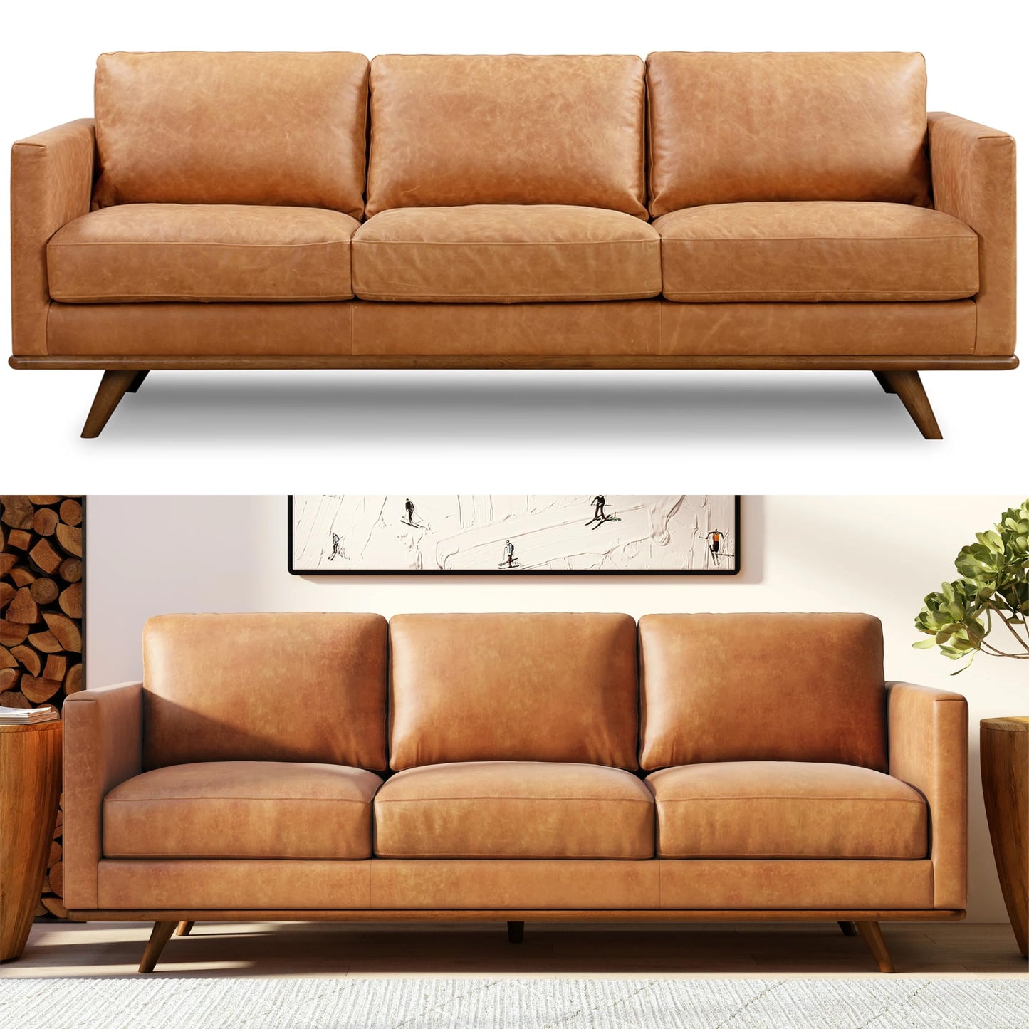 POLY & BARK Sorrento 86" Sofa – Cognac Tan Full-Grain Pure-Aniline Italian Leather, Feather-Down Cushions, Solid Wood Frame & Walnut Legs