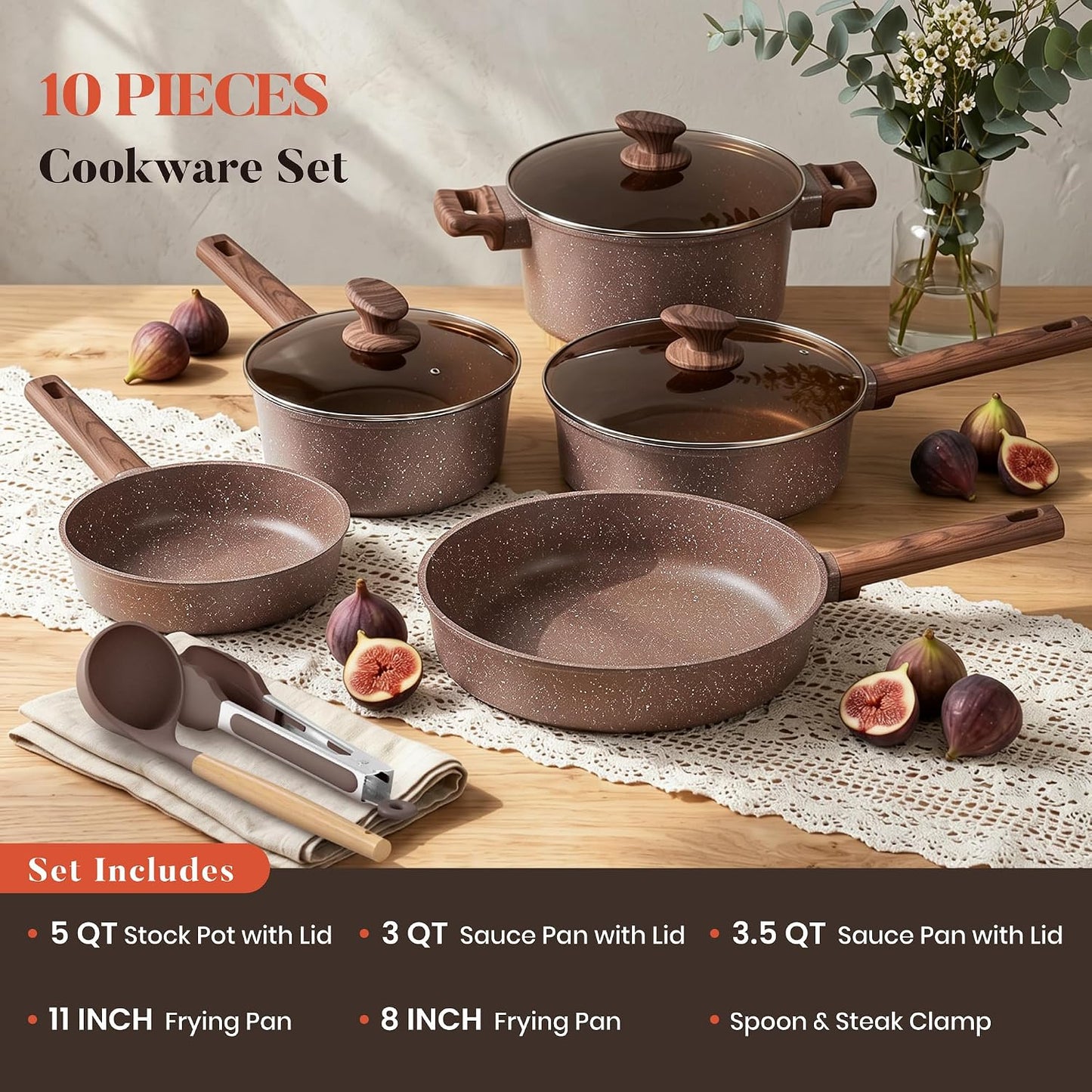 Kitchen Academy 10Pcs Induction Pots & Pans Set Non Stick, Brown | Nonstick Cookware Set, Healthy Non Toxic Cooking Pans and Sets, Easy to Clean, PFOA&PFAS Free