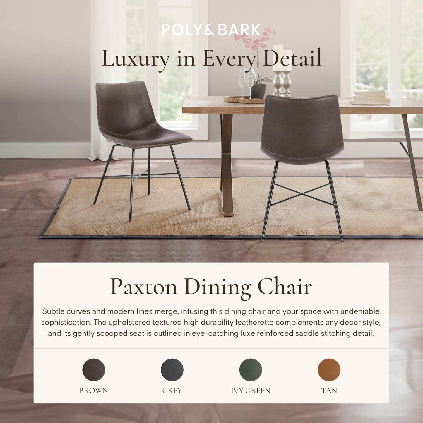 POLY & BARK Paxton Leather Counter Stools 24 Inches – Set of 2 - Counter Height Bar Stools with Back – Modern Barstools for Kitchen Island or Counters – Faux Leather & Matte Black Steel Base – Tan