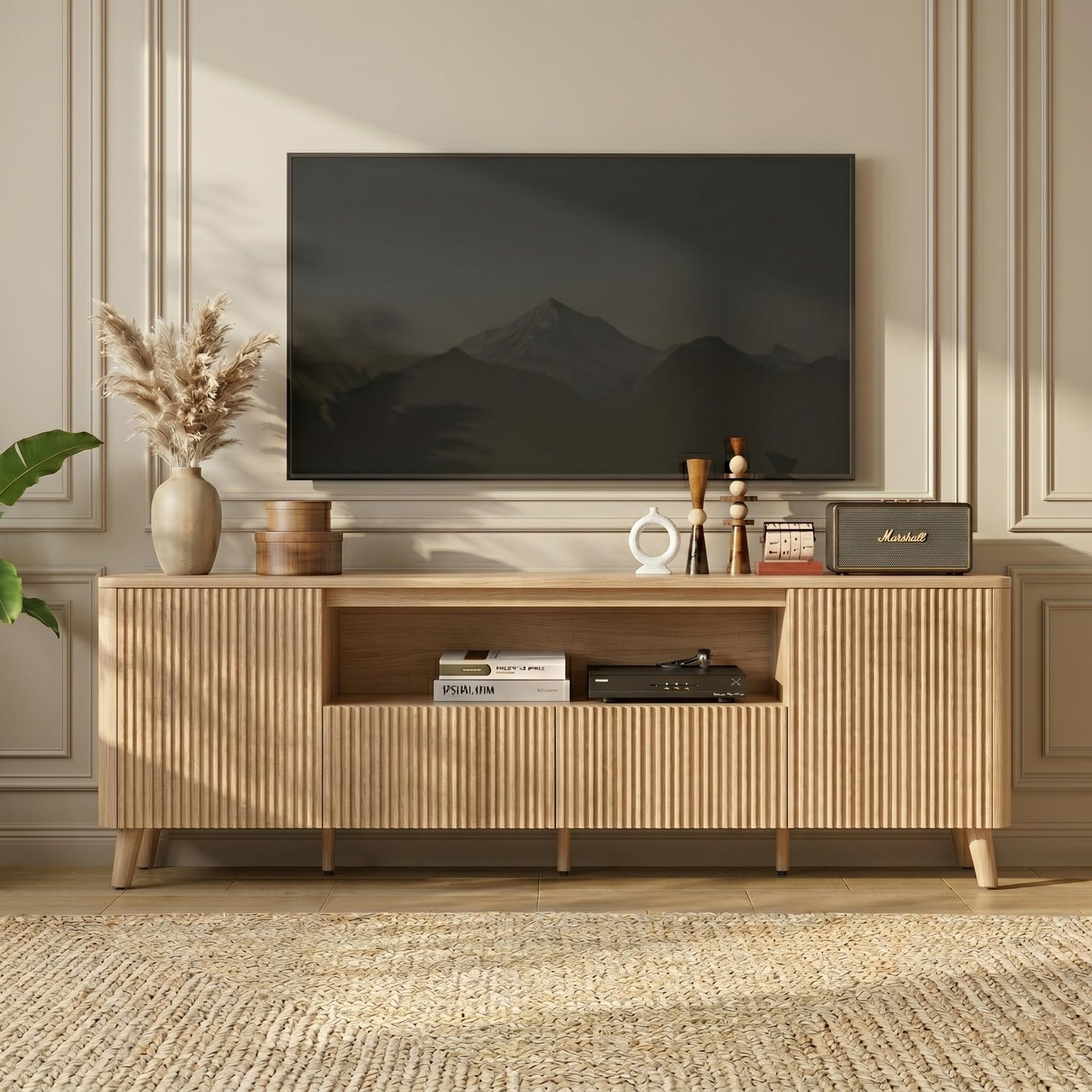 CHITA TV Stands for Living Room, Mid Century Modern TV Stand for 80 inch TV with Storage, Drawers, Adjustable Shelves, Walnut