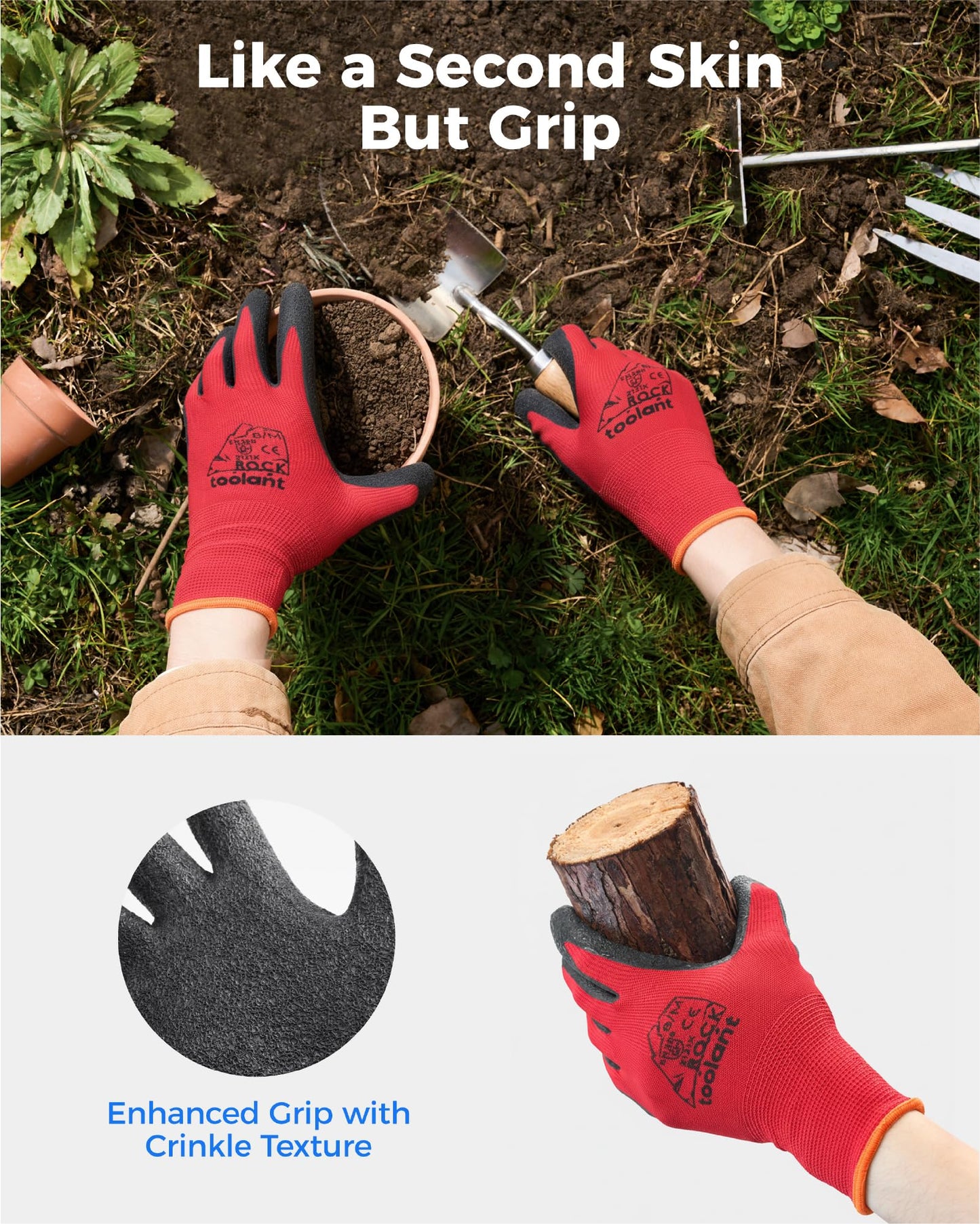 toolant Crinkle Latex Work Gloves Bulk, Rubber Coated Safety Work Gloves for Men and Women, 12 Pairs for Construction, Gardening, Warehouse (Black, Large)