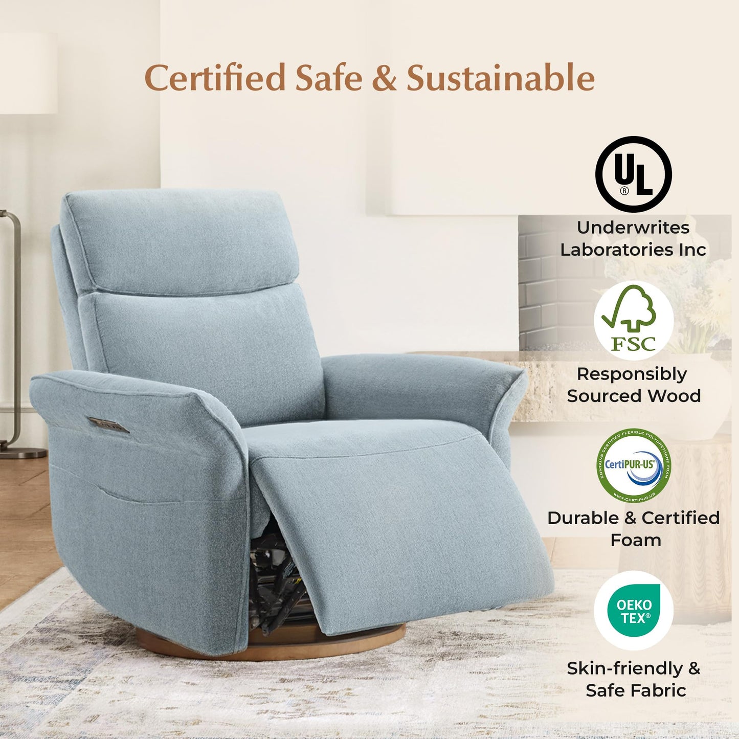 CHITA Power Recliner Chair, Electric Triple-Motor Swivel Glider Nursery Rocking Chair with Adjustable Power Headrest and Lumbar Support, GREENGARD Gold Certified, Solid Wood Base, Linen