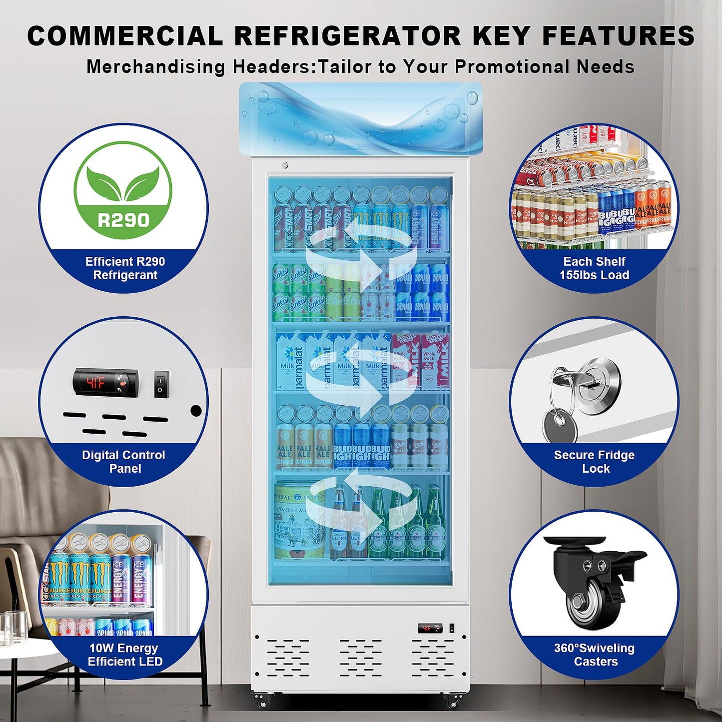 26.8'' W Commercial Beverage Refrigerator, 15 Cu.ft Upright Display Merchandiser Cooler Fridge with LED Light, Adjustable Shelves & Lockable Door for Restaurant Grocery Stores Home, White