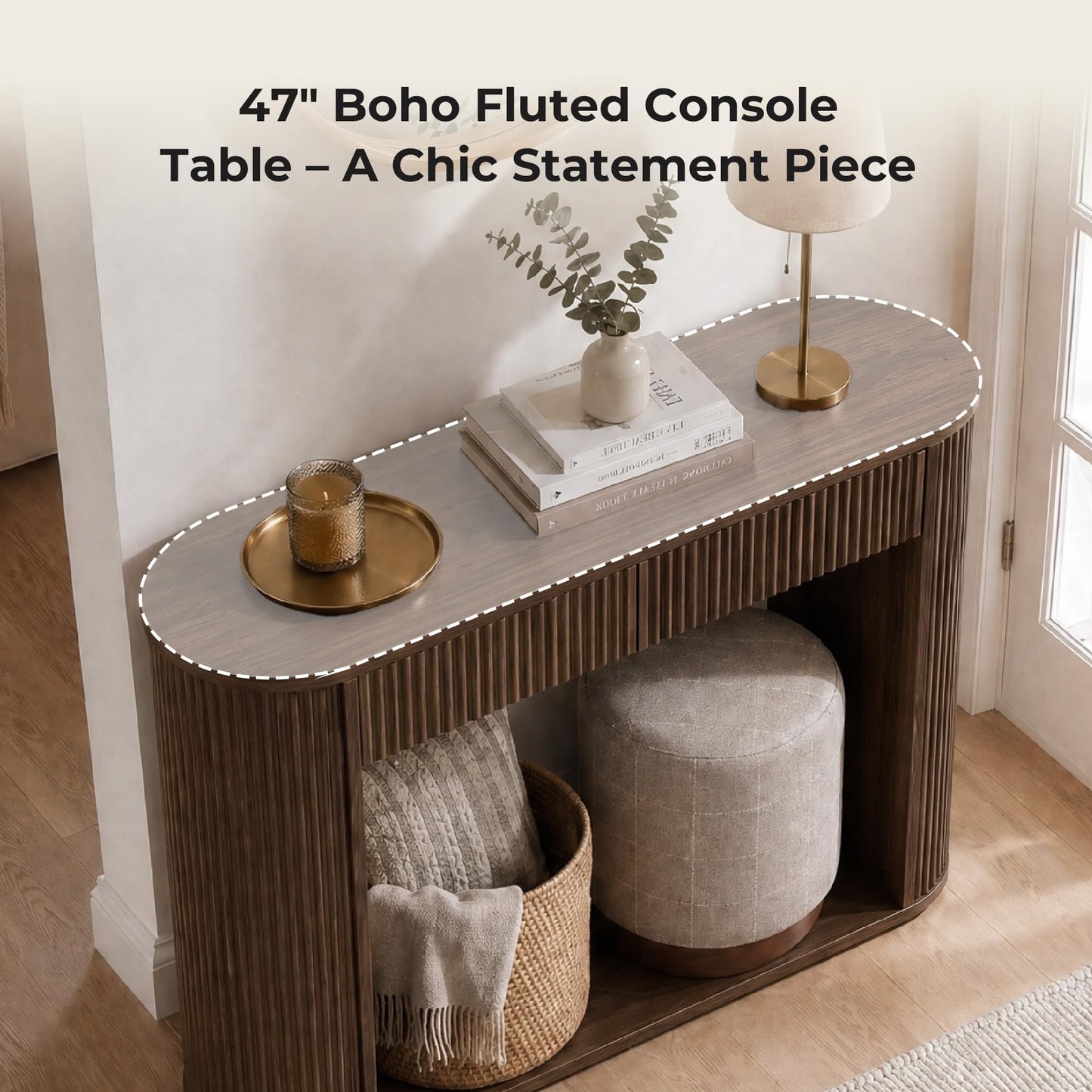 CHITA 47-Inch Fluted Console Table with 2 Drawers，Farmhouse Entryway Table for Behind Couch for Living Room, Hallway, Foyer, Entrance,Walnut
