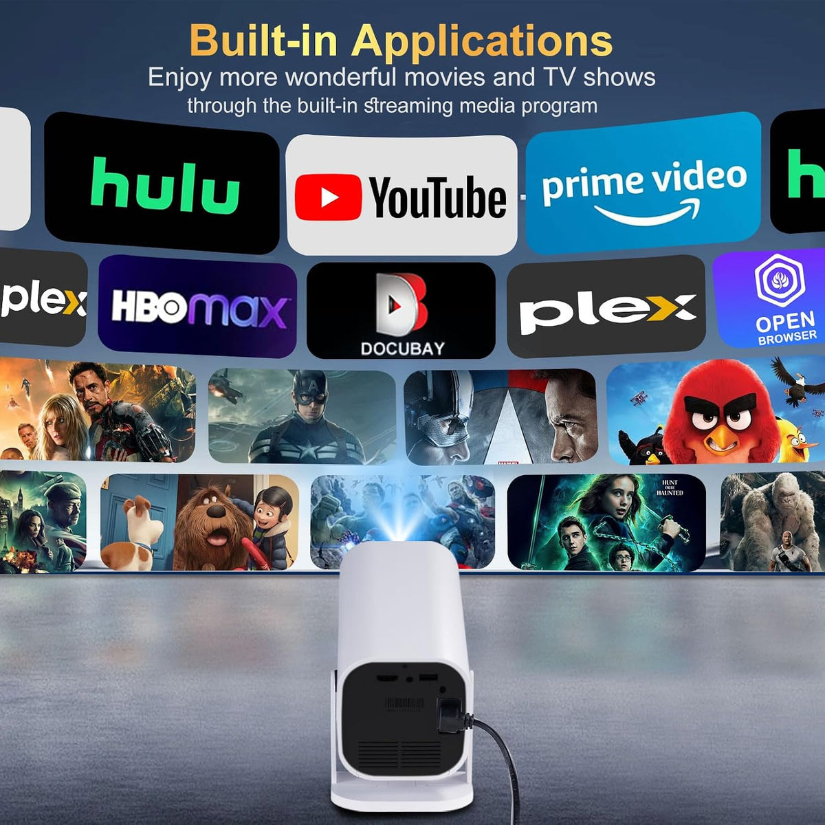【Built-in APPS & Electric Focusing & 210° Rotation】Mini Projector With Wifi And Bluetooth, Smart Video Projector, Movie Projector for Bedroom, Supports Smartphones/TV Stick/PS5/iPad/Laptop/HDMI/USB