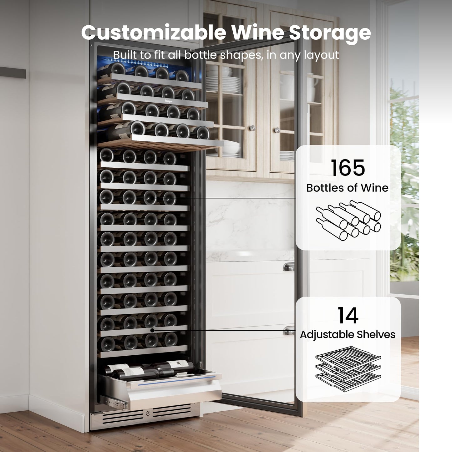 Yeego Wine Fridge Cooler - 24 Inch Dual Zone Wine Fridge Hold 52 Bottles, 40-65°F Wine Refrigerator Glass Door, Built in Fridge, Freestanding Adjustable Shelves Fridge for Beer Soda Drink Home Bar