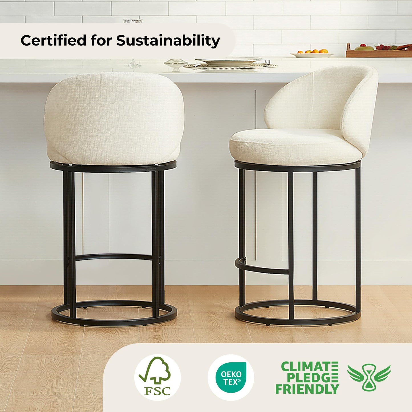 CHITA Swivel Counter Height Bar Stools Set of 3, Upholstered Bar Chairs with Backrest, Sturdy Metal Base, 26.8" Seat Height for Kitchen Island & Home Bar, Sand