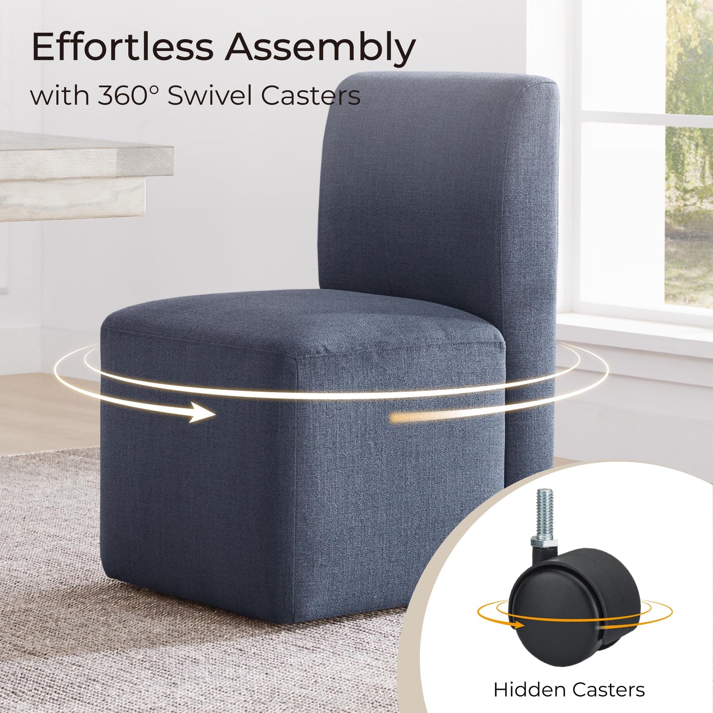 CHITA Dining Chairs with Casters Set of 2, FSC Certified Upholstered Armless Modern Rolling Dining Chairs with Rollers for Bedroom Reading Room Living Room, Fully Assembled, Linen