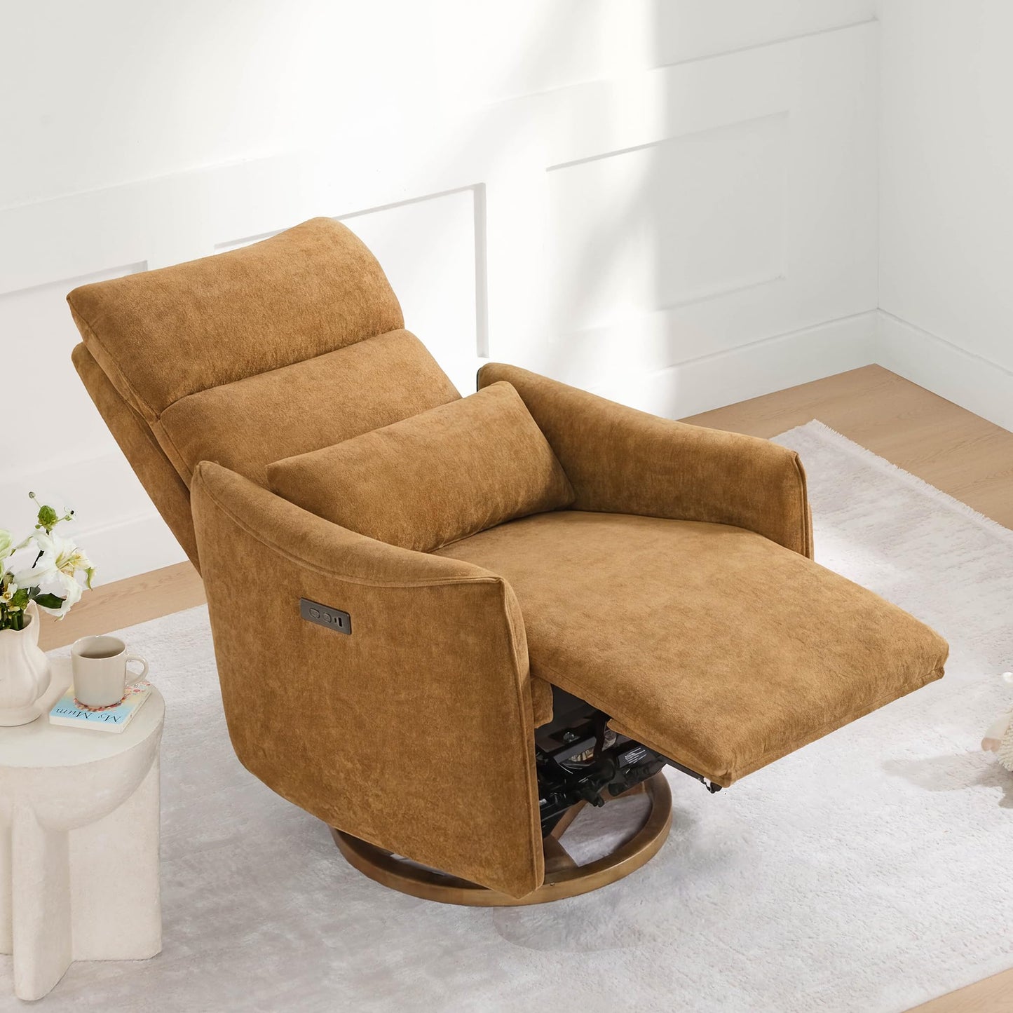 CHITA Swivel Rocker Recliner Chair, Power Nursery Glider Recliner, Nursery Rocking Chair with Adjustable Power Headrest, FSC Certified, Solid Wood Base, Cream